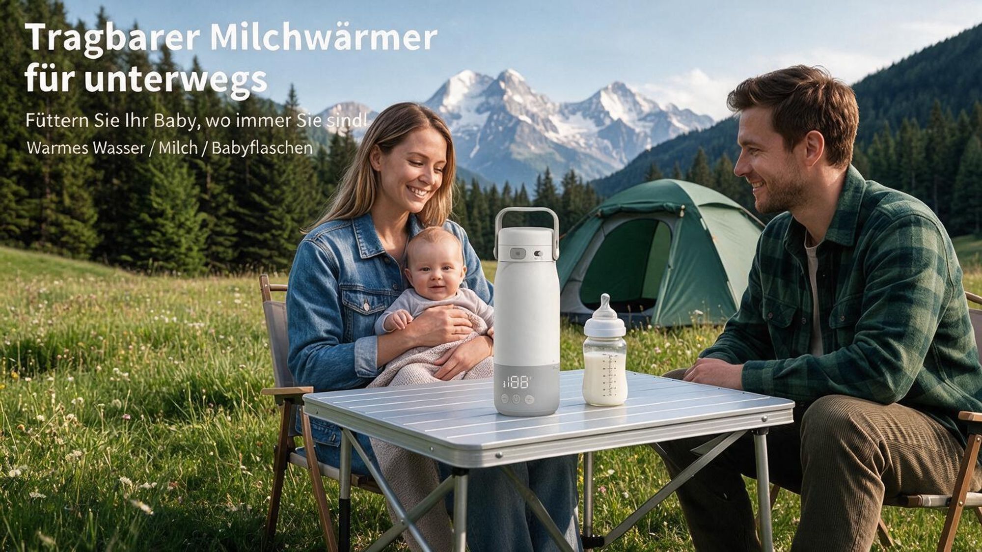 Tragbarer Babyflaschenwärmer für unterwegs, Flaschenwärmmit baby 500 ml 12800 mAh Akku, 2 Minuten bis 37°C, ±1°C LED Display, USB-C, IPX7