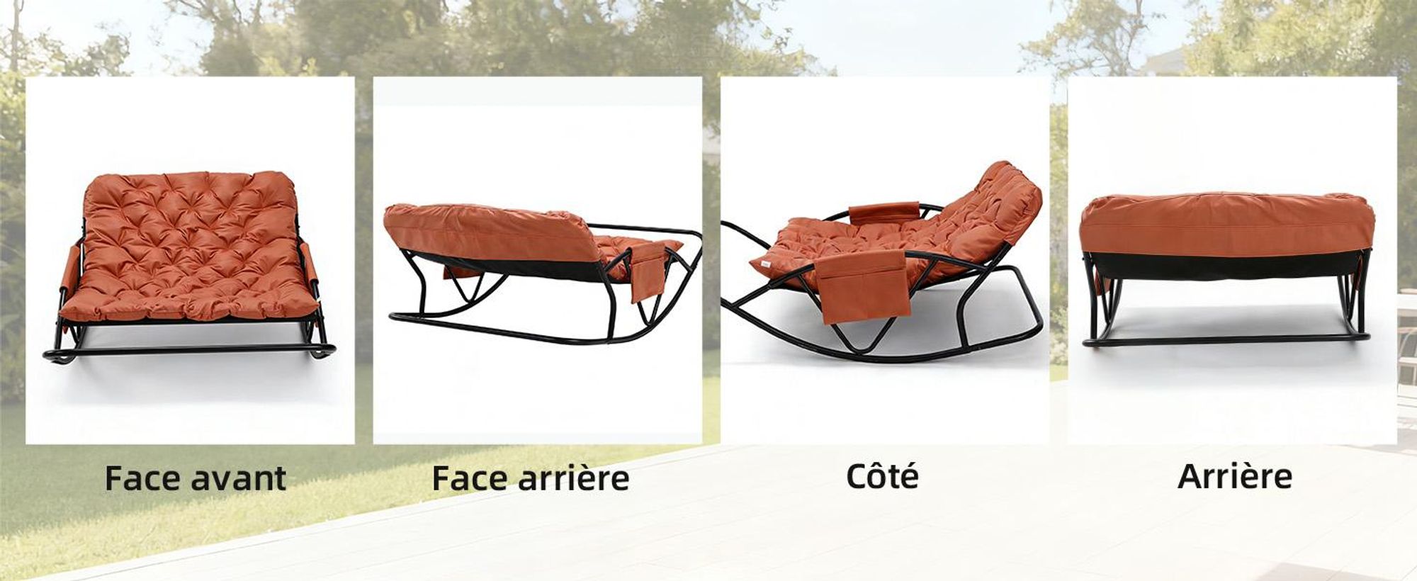 Fauteuil à bascule extérieur pour deux avec coussin et repose-pieds, chambre, salon, terrasse, jardin, balcon, 240 kg, tissu technique, orange