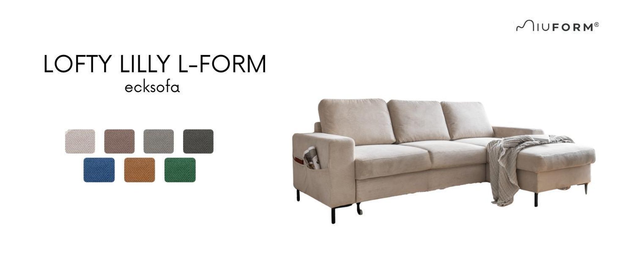 MIUFORM Lofty Lilly - Ecksofa mit Bettfunktion und Bettkasten L-FORM RECHTS - 236x148cm - Beige - Sofa Schlafsofa Couch