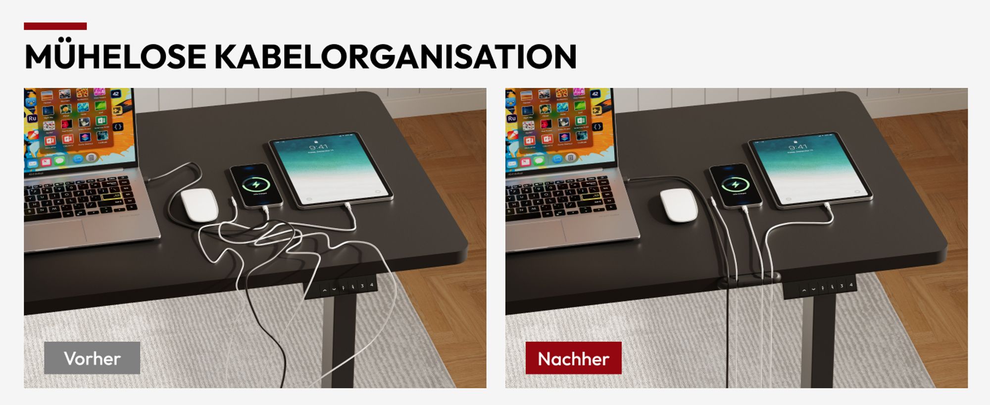 SANODESK Höhenverstellbarer Schreibtisch elektrisch 4 Memory-Funktion Antikollisionsschutz, 70kg Tragkraft, mit Haken und Ablagebox 110x54cm(Schwarz)