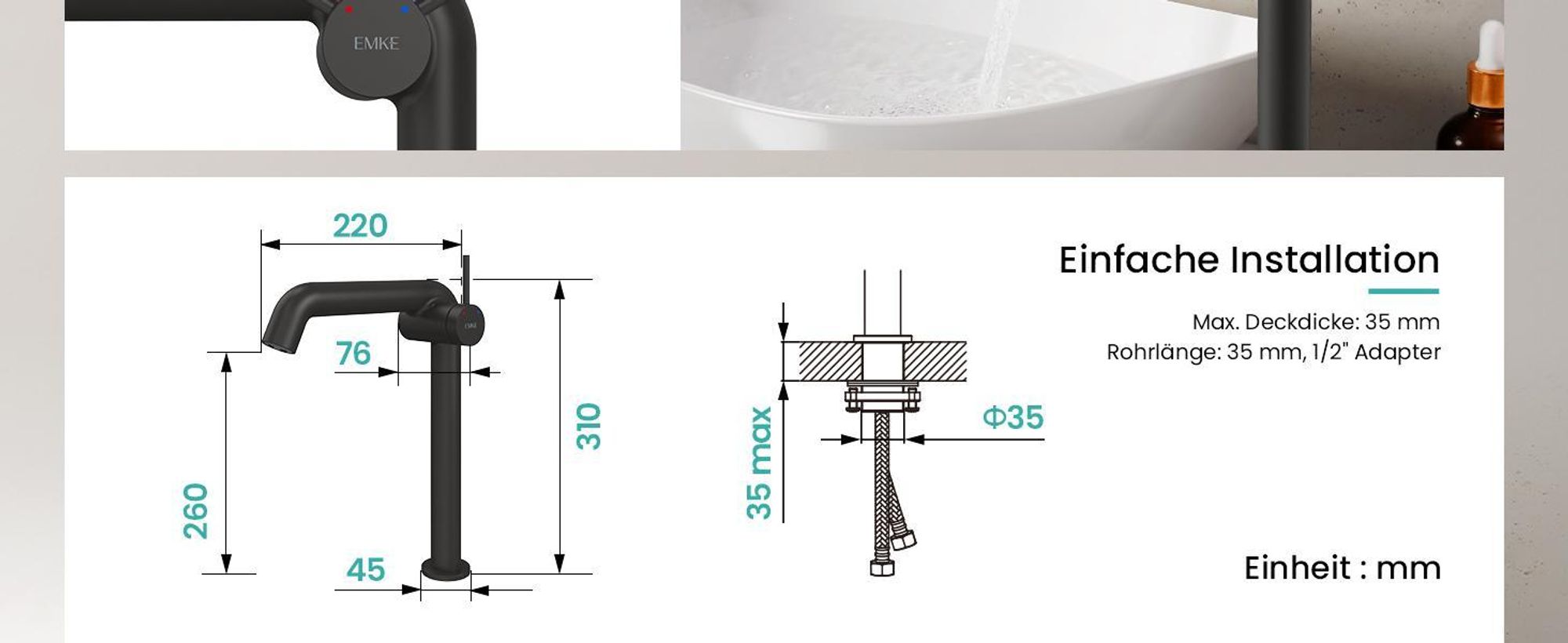 EMKE Einhebel-Waschtischarmatur, Badarmaturen 332x220x76mm , Wassersparend, Korrosionsschutz, Bleifreies Messing, Matt Schwarz
