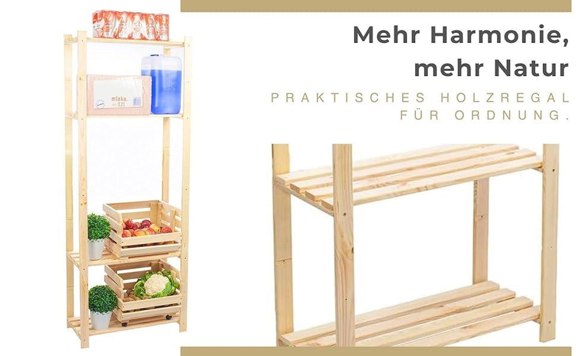 STOLMAK Holzregal Bücherregal 80x170x28,5 cm (BxHxT) Standregal Natur Kiefernholz Massivholzregal Kellerregal 4 Böden Kieferregal