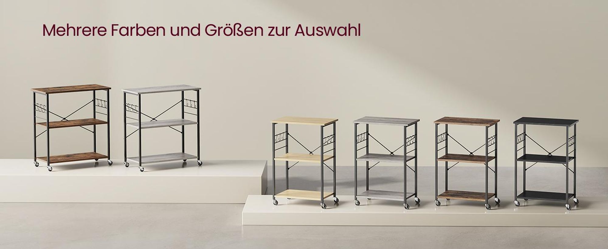 VASAGLE Küchenwagen mit 3 Ebenen, 6 Haken, 40 x 60 x 89 cm, Greige