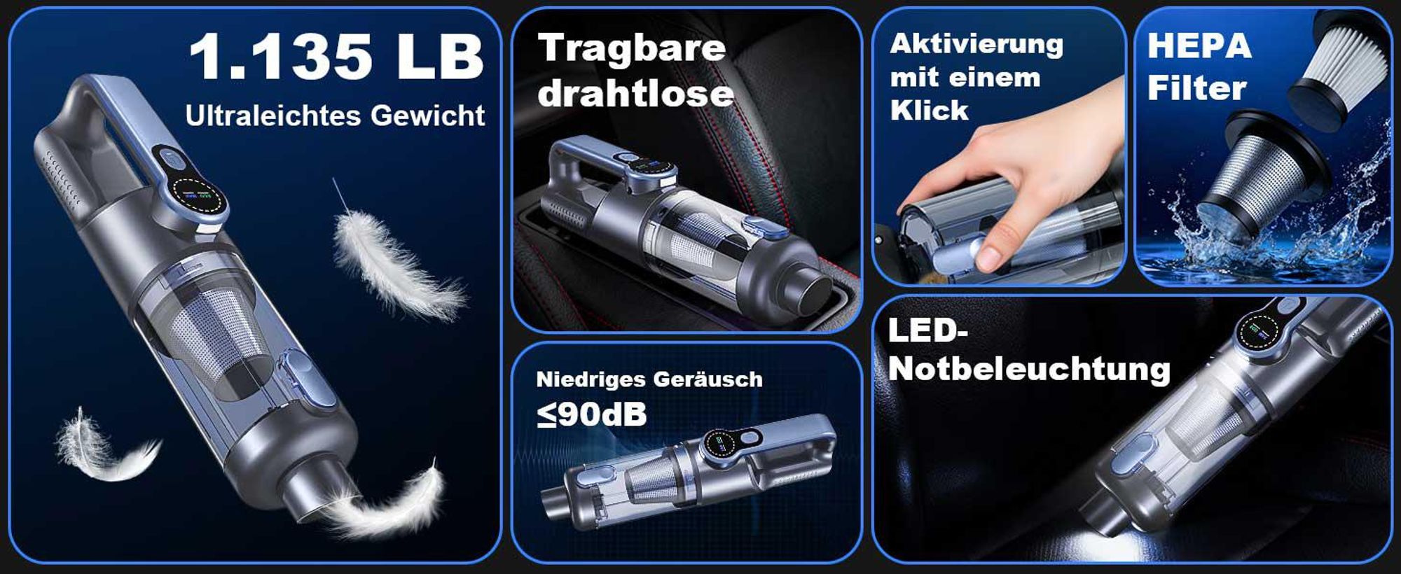 Handstaubsauger Akku 4-in-1, 18000Pa, 130W kabelloser Autostaubsauger, 6000mAh, Staubsauger mit Bürstenloser Motor, für Tierhaare, Auto, PC,Sofa, Haus