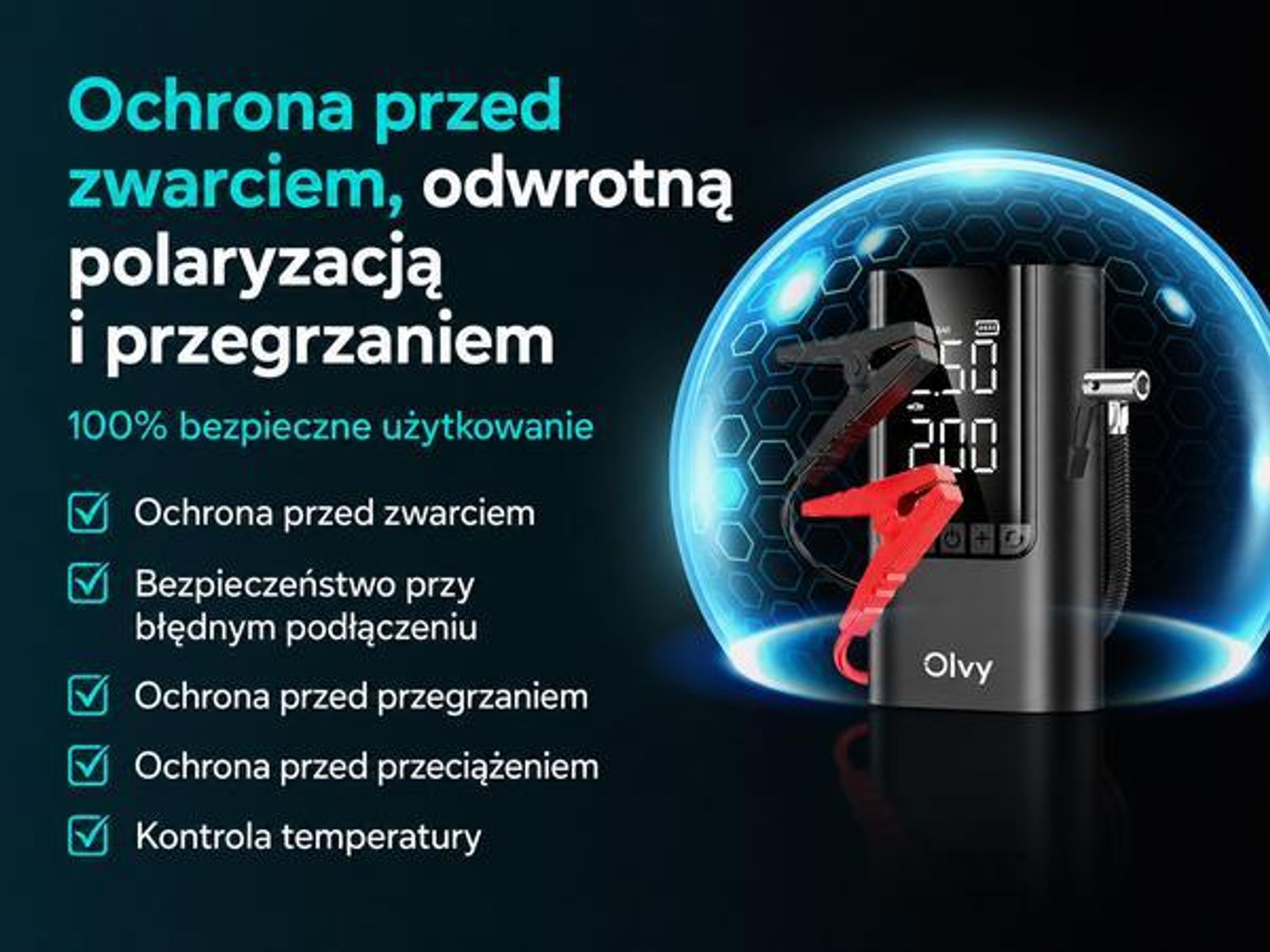 Rozrusznik samochodowy Olvy 5000A power bank 12V - do 7,0 l benzyny i 5,5 l oleju napędowego, rozrusznik z latarką, power bank USB, zabezpieczenie przed zwarciem i wodoodporność