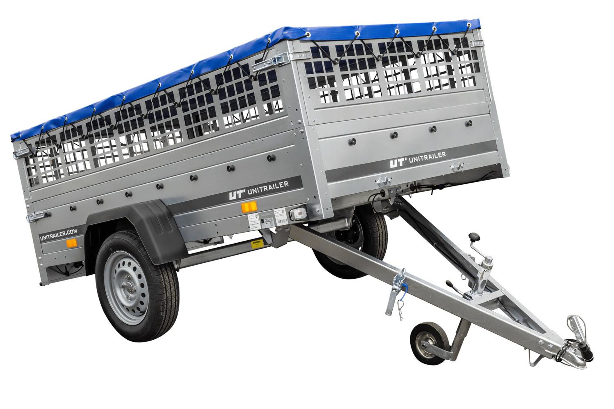 Pkw Transport Anhänger 230x125 Garden Trailer 230 KIPP mit Laubgitteraufsatz, blauer Flachplane und Stützrad