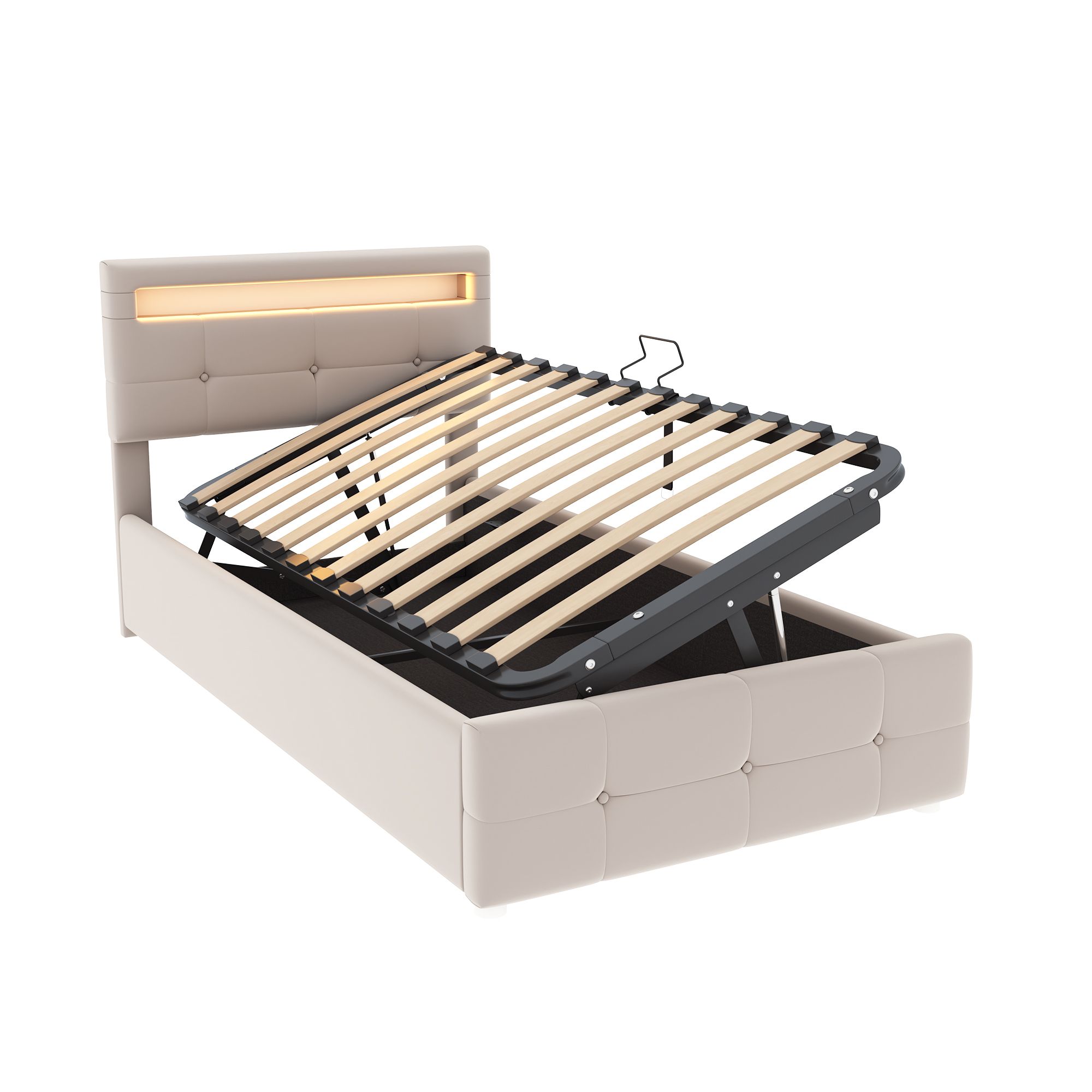 Flieks Hydraulisches Polsterbett 90x200cm mit LED, Jugendbett Einzelbett mit Lattenrost, Stauraumbett Boxspringbett höhenverstellbarem Kopfteil, Samt