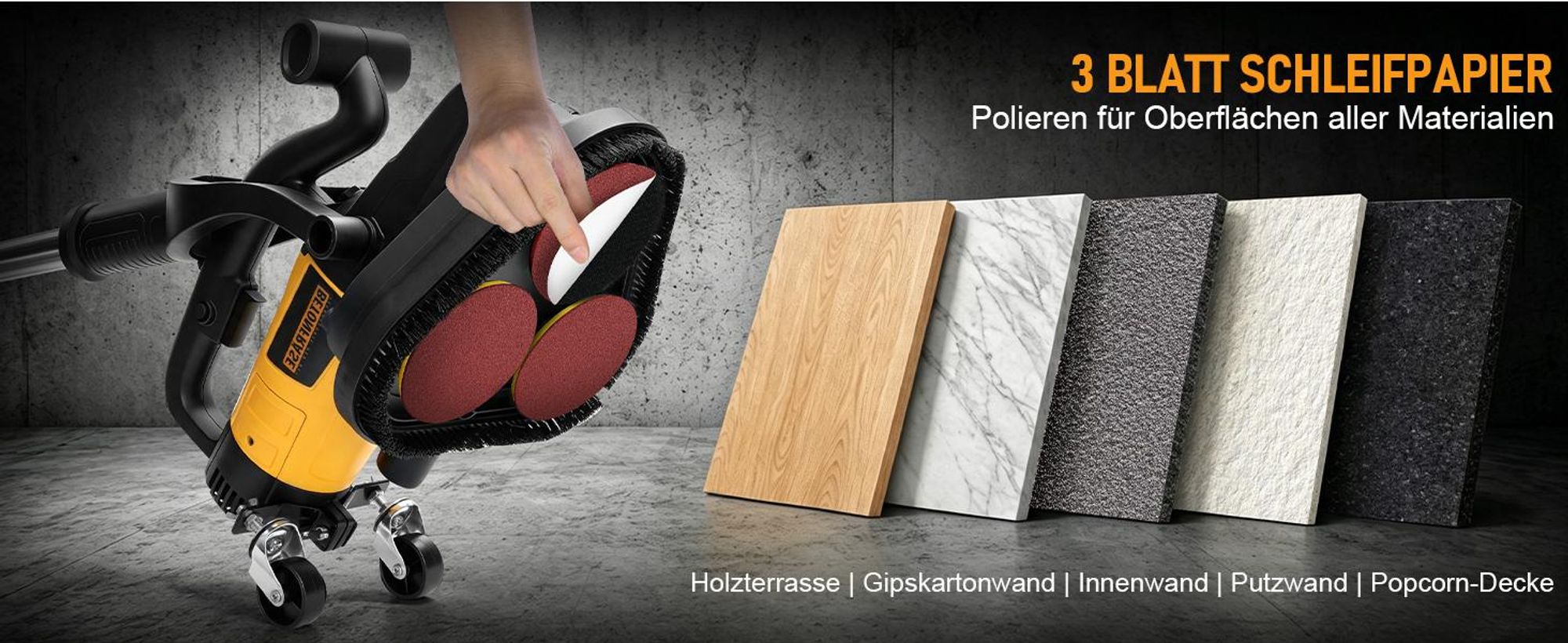 3800W Betonschleifer mit 3x Ø105mm Diamantschleiftopf, Lange Handgriff Sanierungsfräse 6-Stufigen 3000RPM Betonfräse Winkelschleifer mit Absaughaube