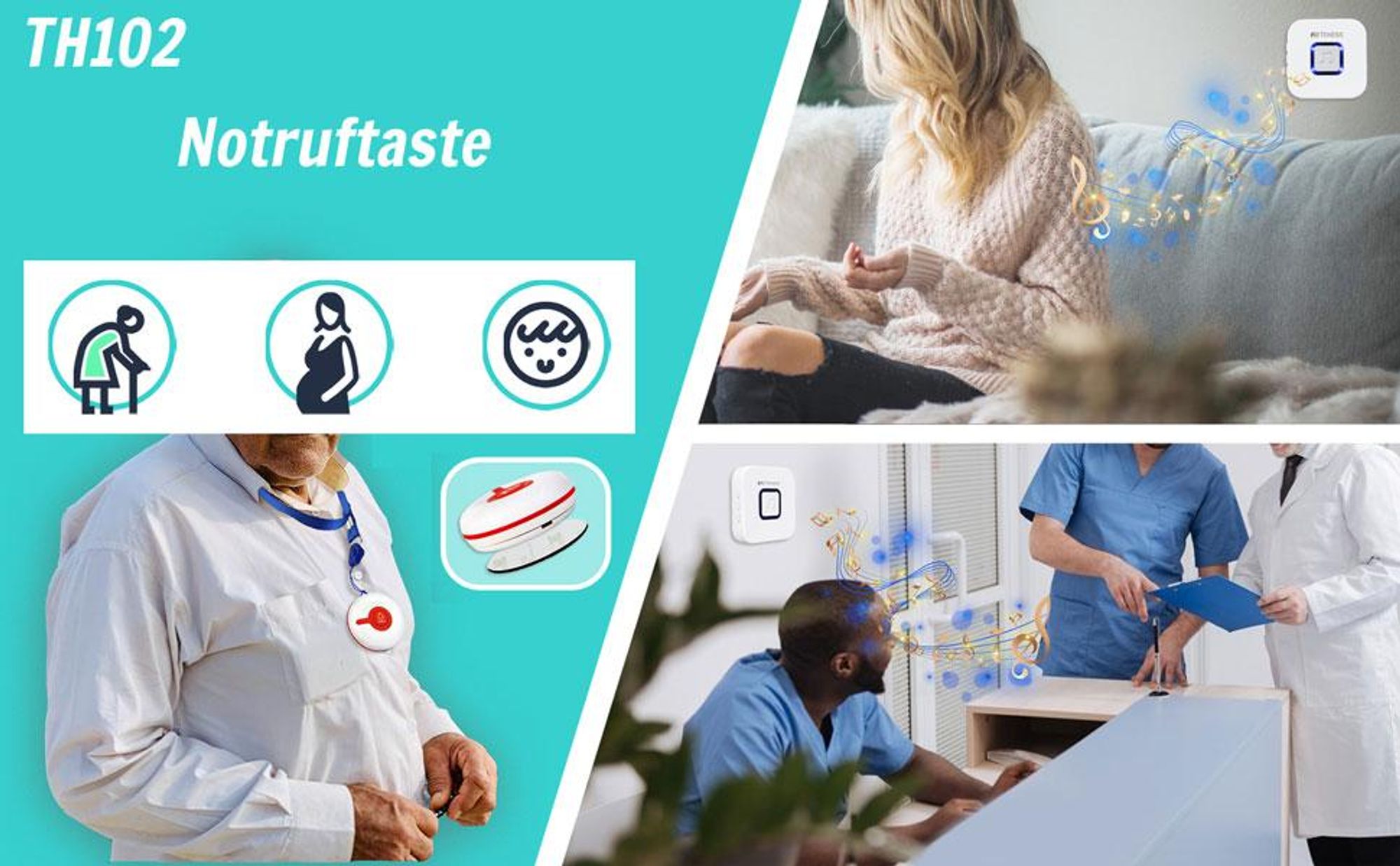 Retekess TH102 Notrufknopf für Senioren, Krankenpflege Senioren Hausnotruf mit Schlüsselband und Aufkleber für ältere Menschen Kinder Schwangere