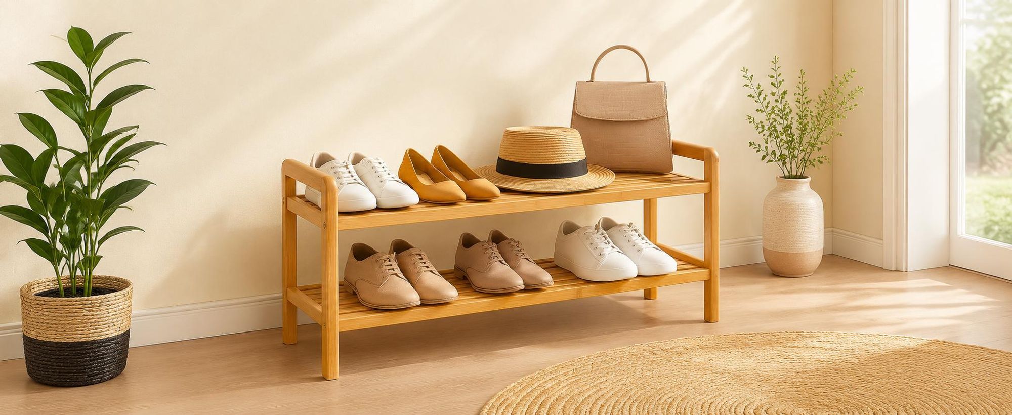BEGRYF Schuhregal aus Bambus 2 Ebenen 70 cm Schuhbank Flur Holz Regal mit Seitengriffen