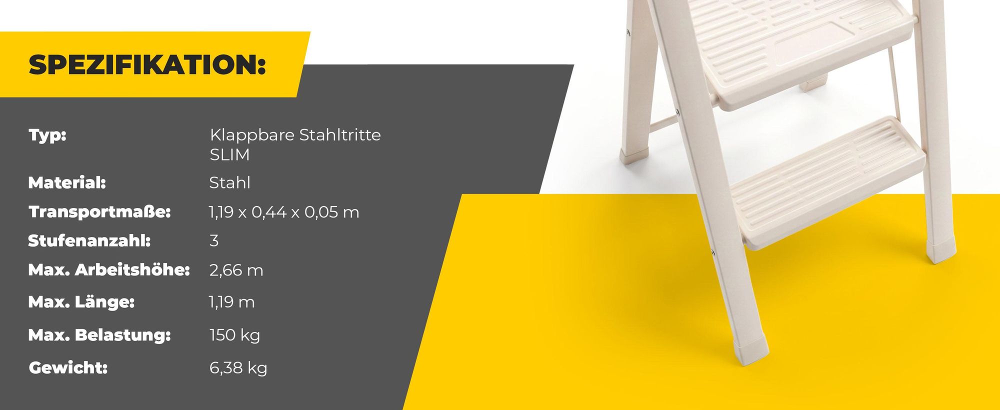 Drabest | Haushaltsleiter Slim - 3 Stufen - Klappbar - Max. 150 Kg - Creme