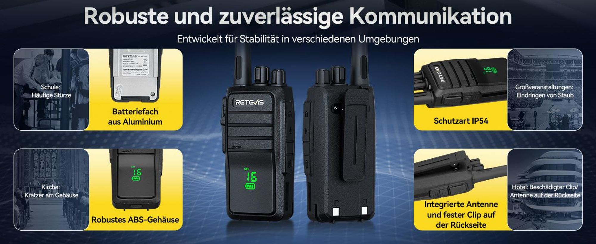 Retevis RT21H Walkie-Talkies, Verstecktes Display, Zweiwegfunk IP54, Stabil, Type-C, 6-Fach-Ladegerät, Aufladbar, für Schulen, Hotels, Lager