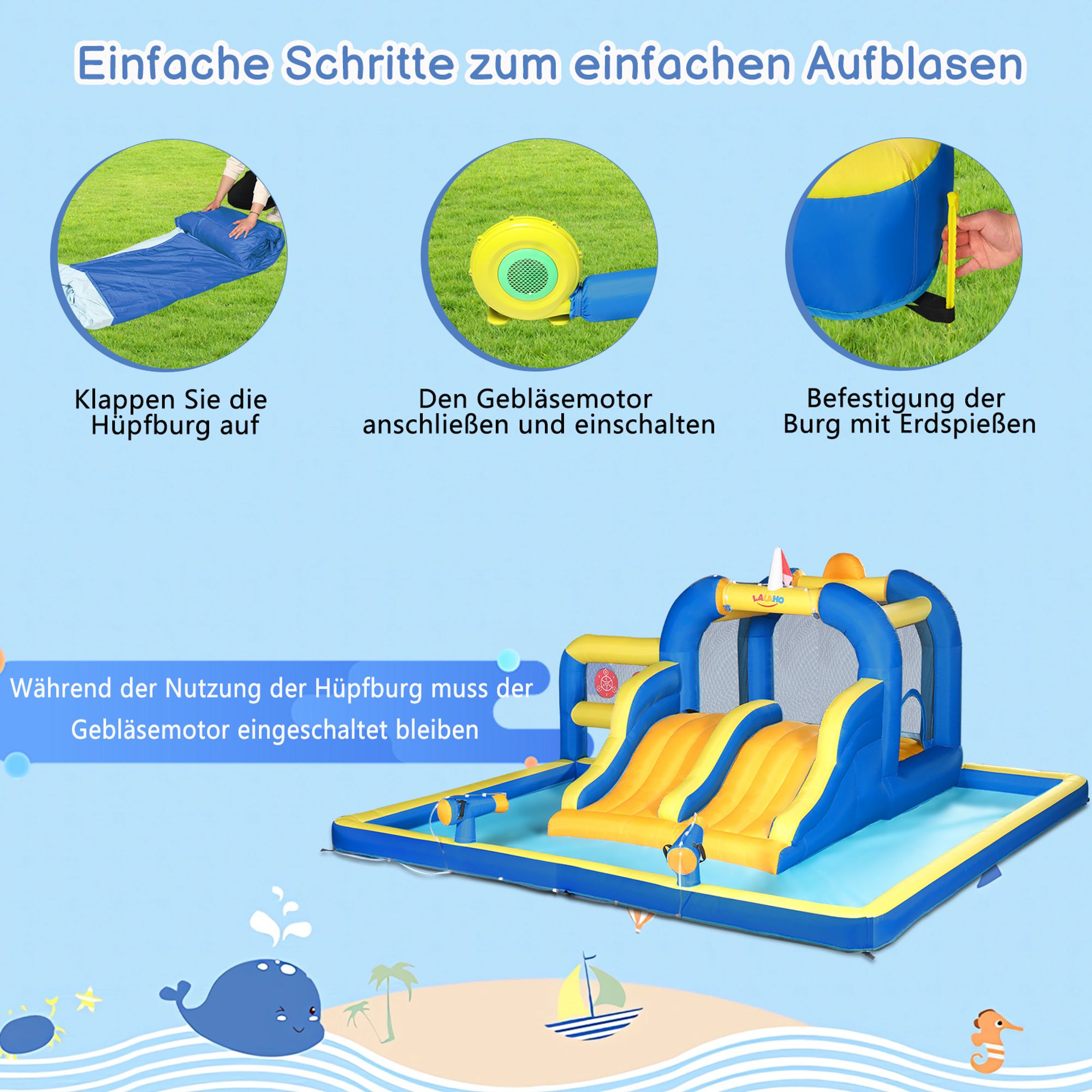 FCH Aufblasbare Hüpfburg mit Gebläse,Wasserrutsche aufblasbar Spielpool Wasserspielcenter Wasserpark, 470 x 472 x 225 cm