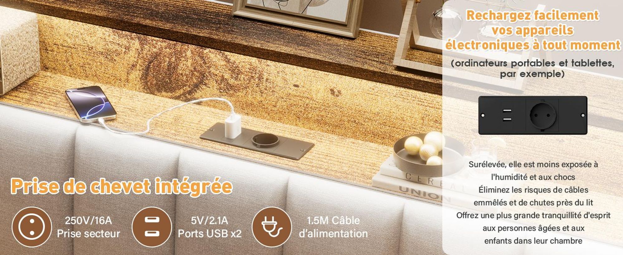 DEWINNER Cadre de lit, 140 x 200 avec Sommier en métal, lit 2 Personnes, avec lumières LED et Prises Multiples (1 Prise AC, 2 Ports USB)