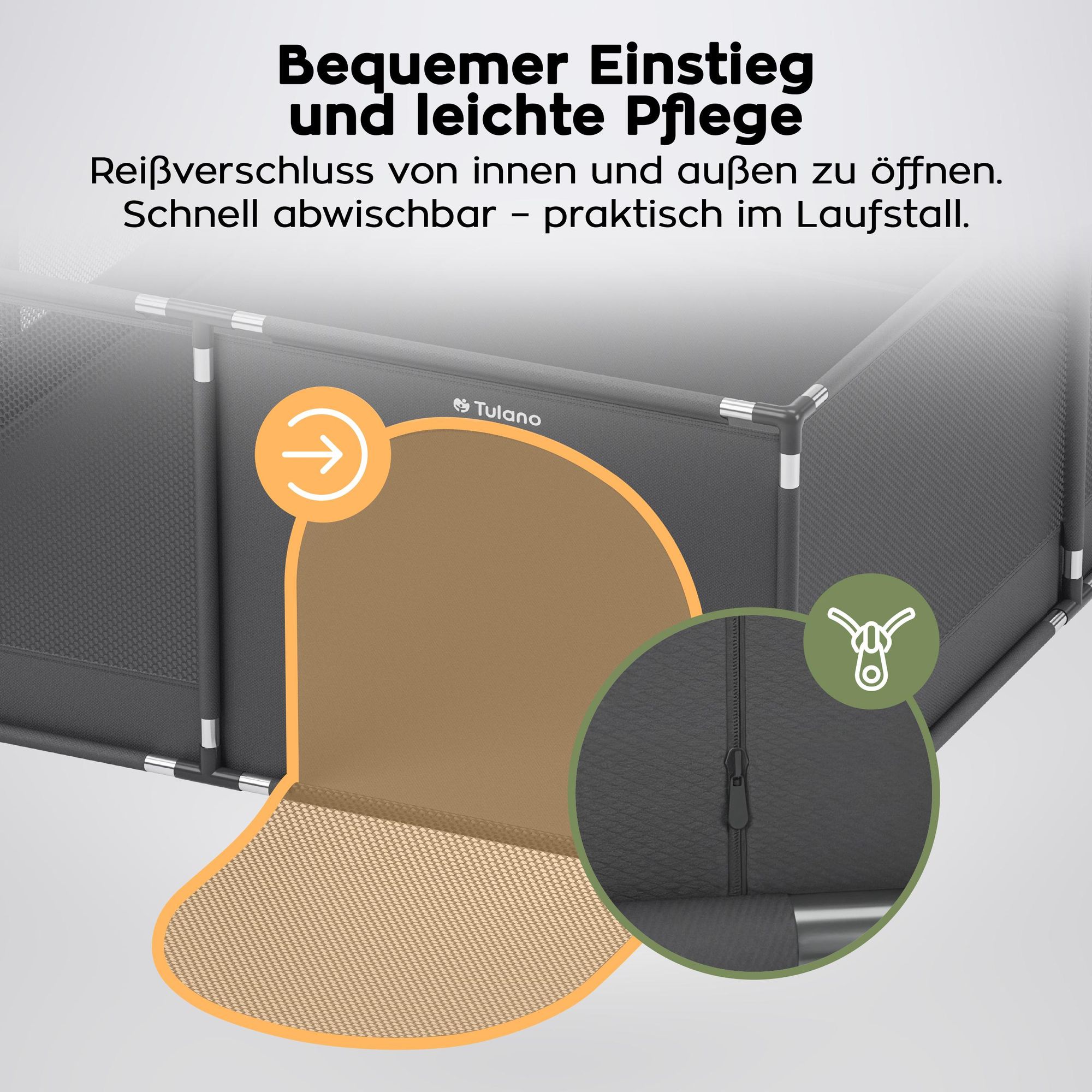 Tulano Cozy 25 Baby Laufstall 150x180 cm, faltbar, mit Reißverschluss, Metallrahmen, Netzseiten, BPA-frei, für Babys 6–36 Monate, Graphit