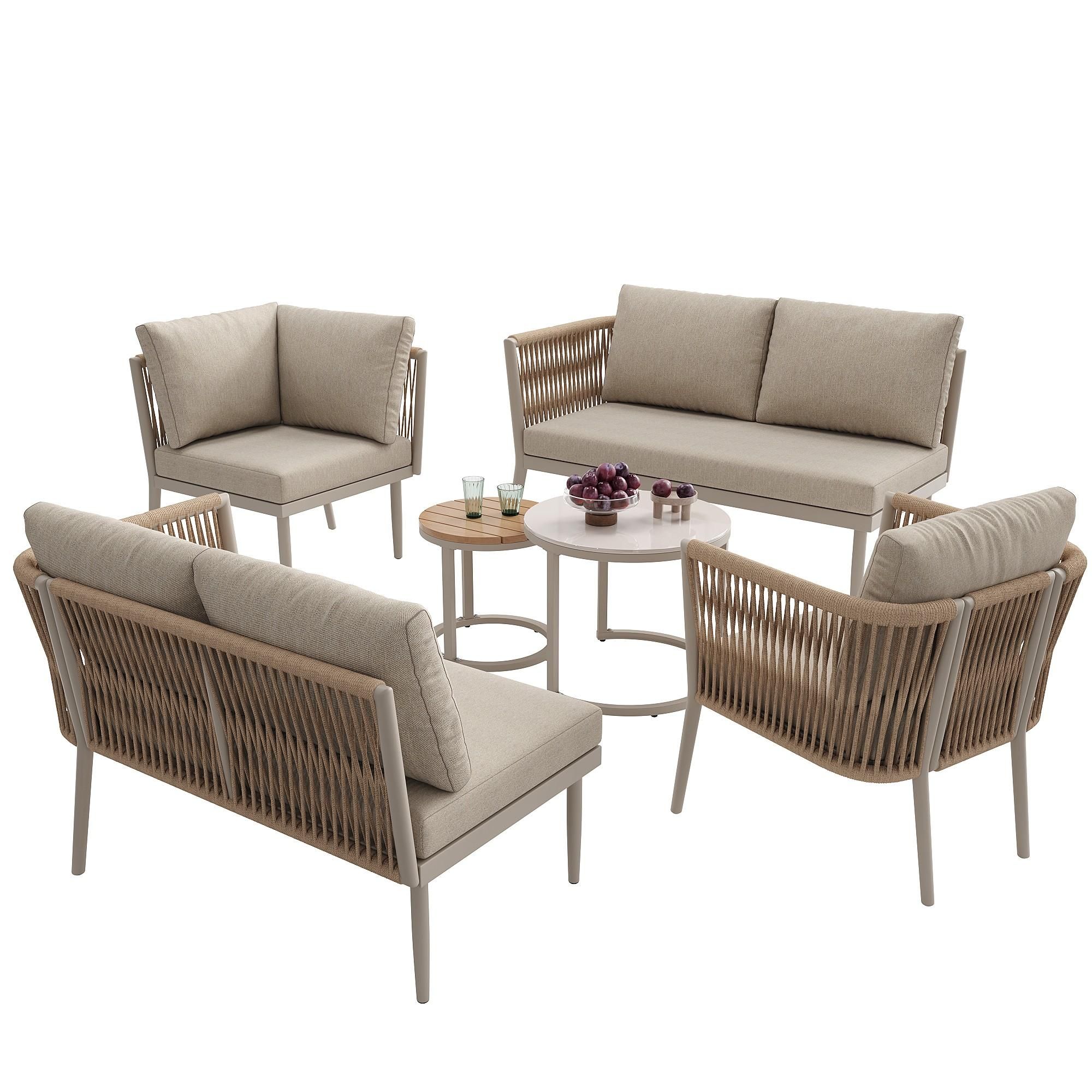 Flieks Rattan Gartenloungeset 6-tlg., Balkonmöbelset für 5-6 Personen, Gartenmöbel-Set mit 2 Gartentischen, Gartengarnitur mit Ecksofa & Stuhl, Beige
