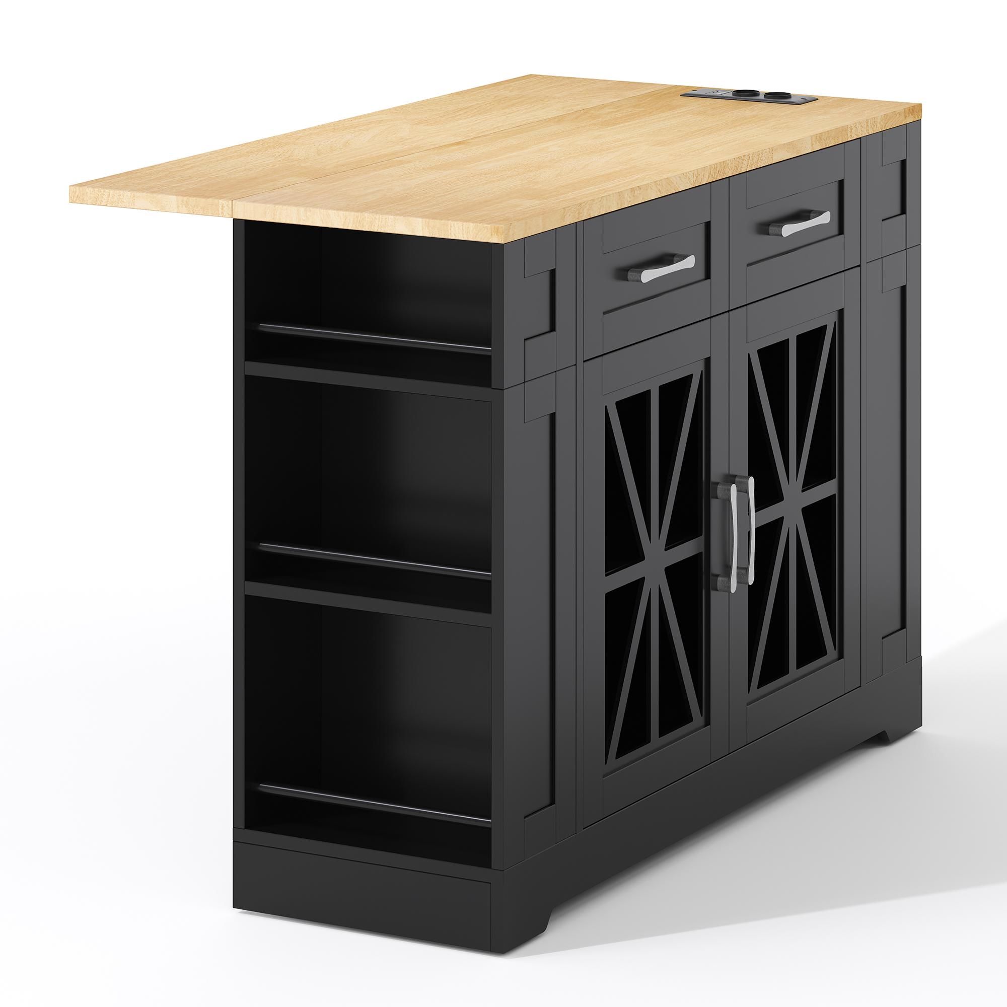 Flieks Servierwagen mit klappbarer Arbeitsplatte, Küchenwagen mit AC-Anschluss und USB-Anschluss, Küchenschrank mit Glastüren, Schwarz