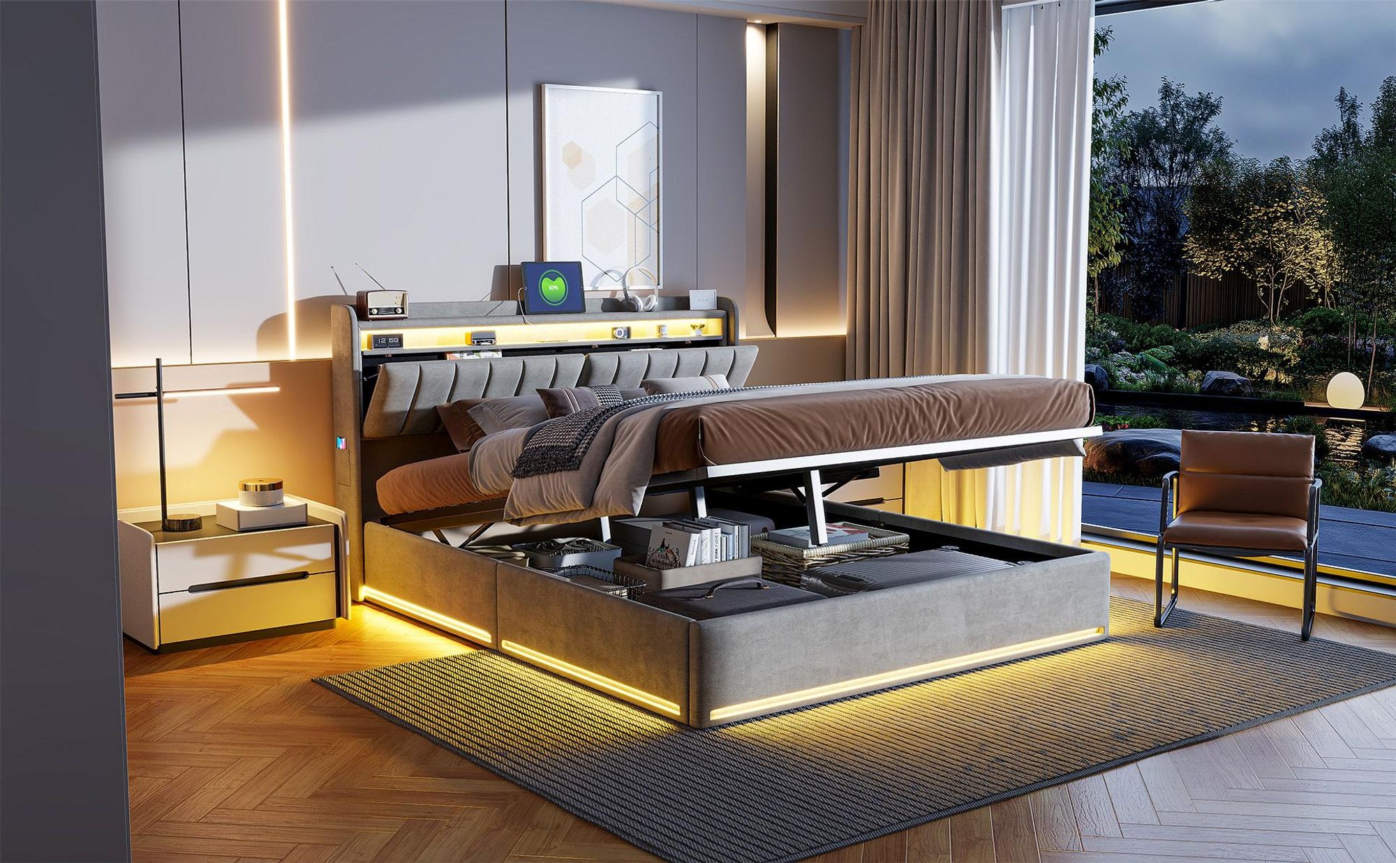 INONEFT Boxspringbett 160×200 mit LED &USB ,Polsterbett mit Stauraum,Hydraulisches Doppelbett, Samt, Grau.