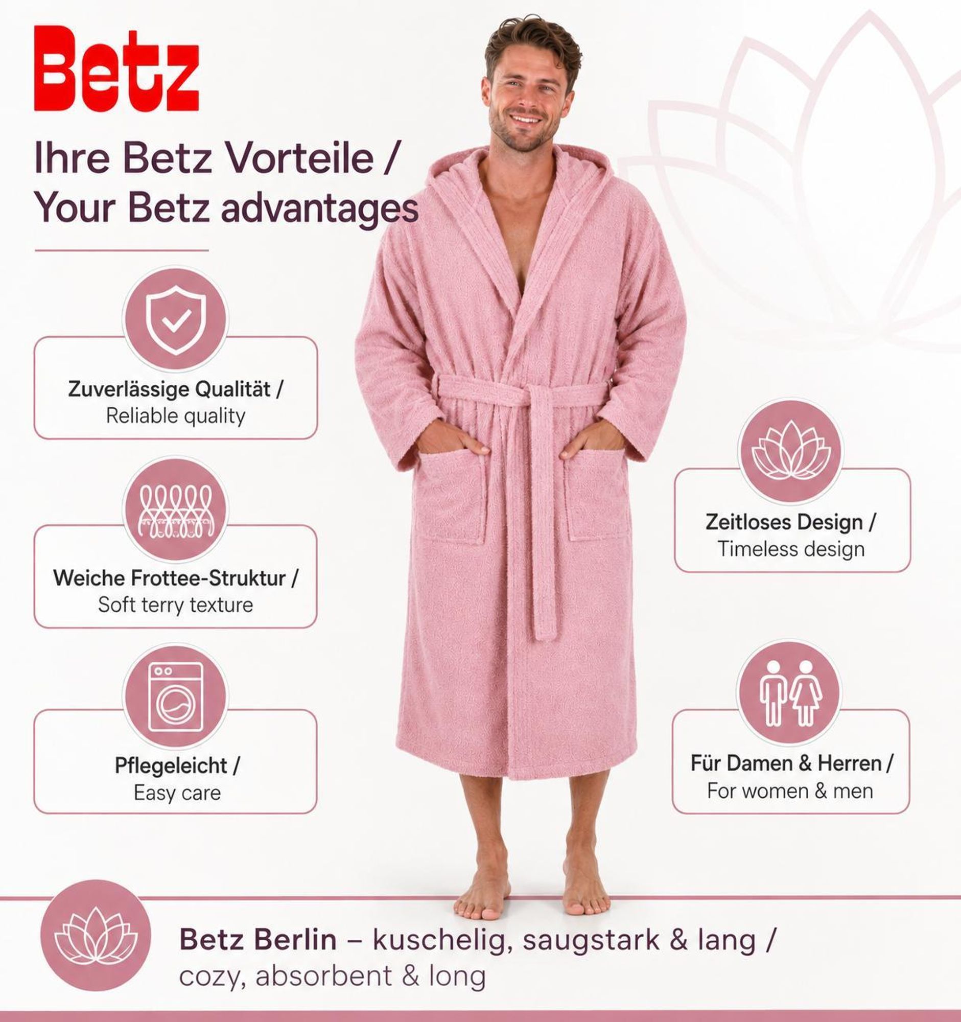 Betz Bademantel Frottee mit Kapuze für Herren und Damen Berlin 100% Baumwolle Saunabademantel - langer Bademantel - Saunamantel Größe - L/XL - lotus