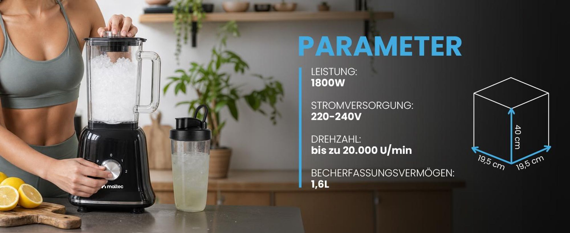 Standmixer Mixer Smoothie Maker für Cocktails 1800W Blender, Mühle, 2 Bidons 1,6 Liter Schwarz
