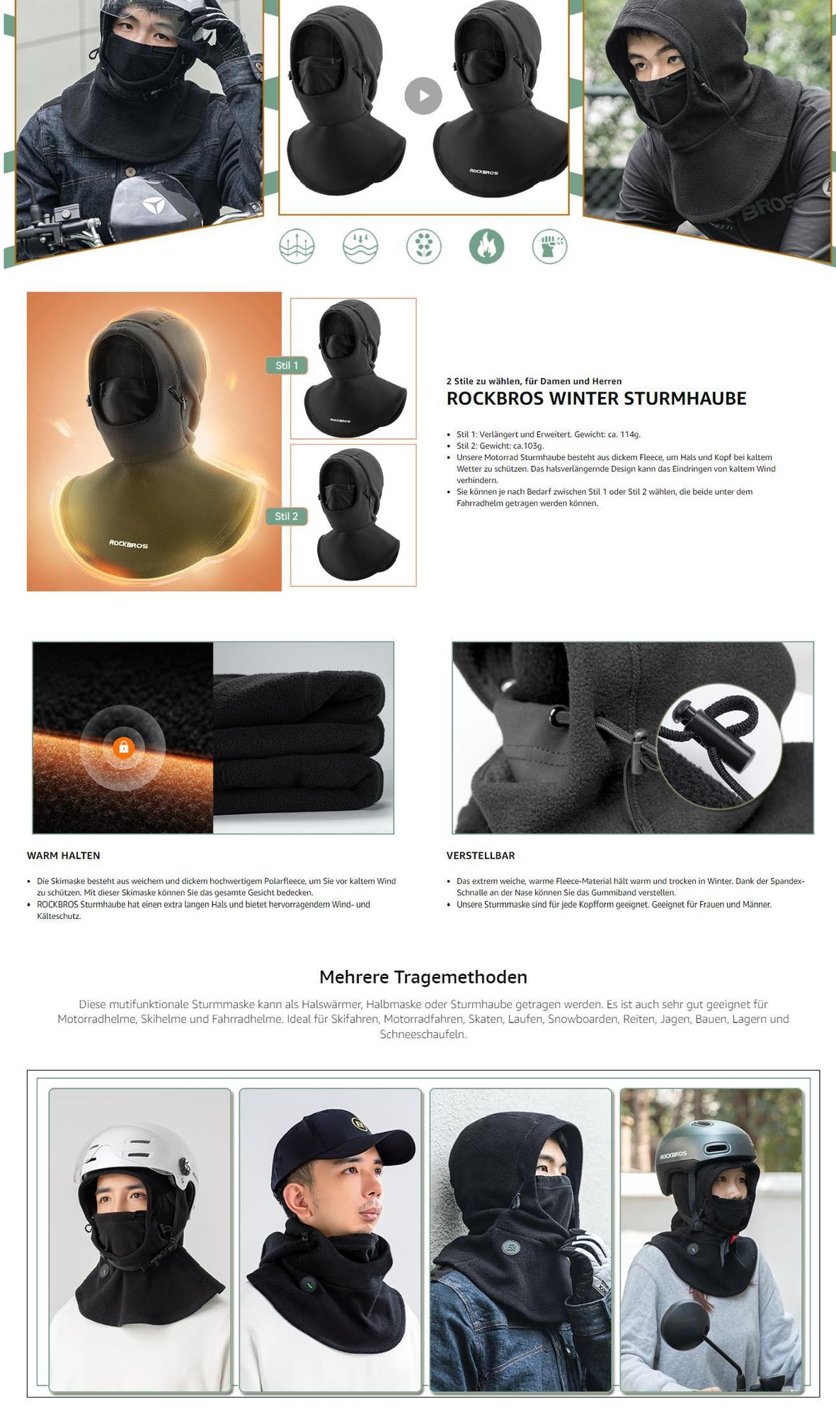 ROCKBROS Winter Sturmhaube Warm Fleece Balaclava Skimaske für Sturmmaske Outdoorsports Damen Herren