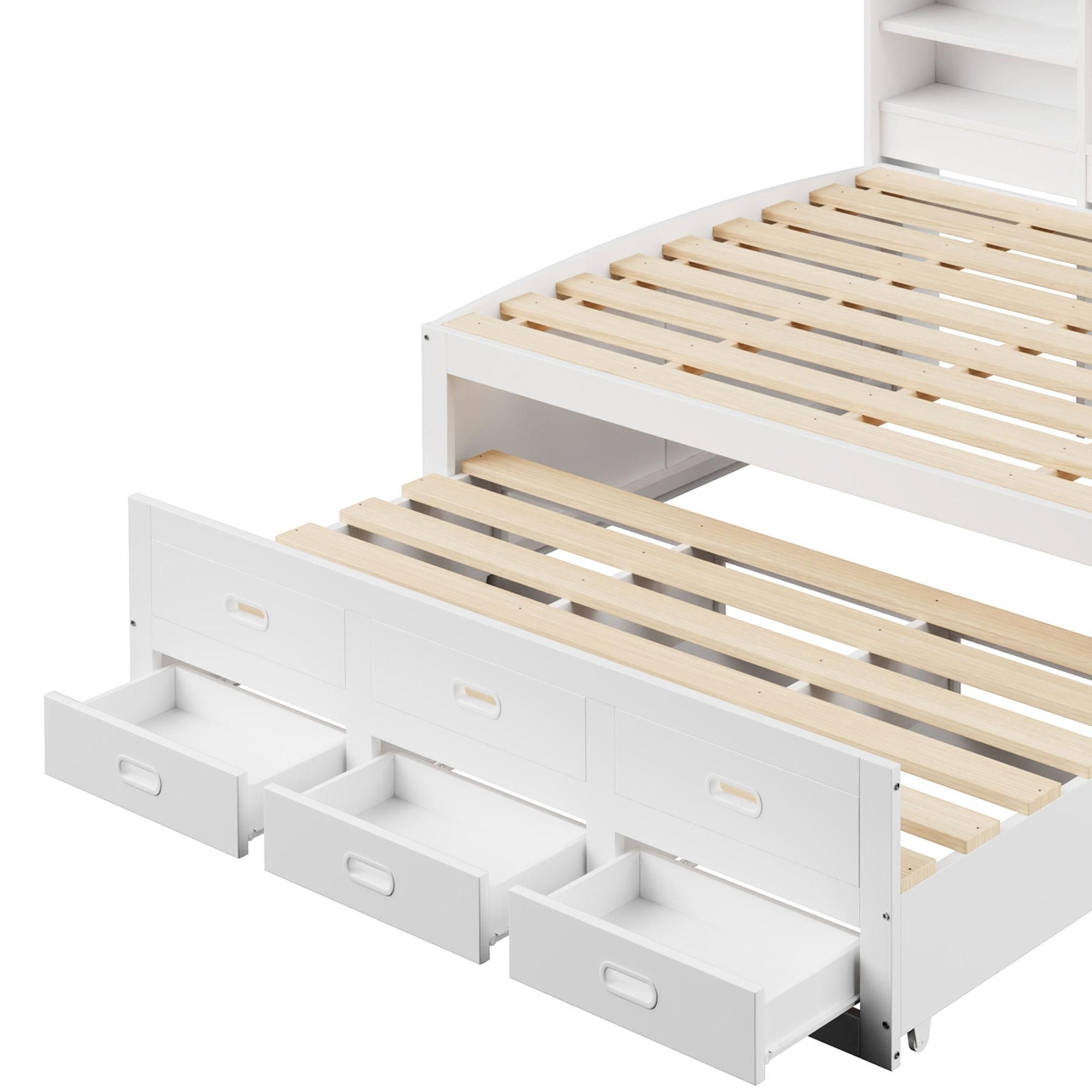 Merax Tagesbett 140x200cm mit Ausziehbett, Schlafsofa mit LED, 3 Schubladen, Regal, USB+Type-C, Daybett, Massivholzbett, Weiß