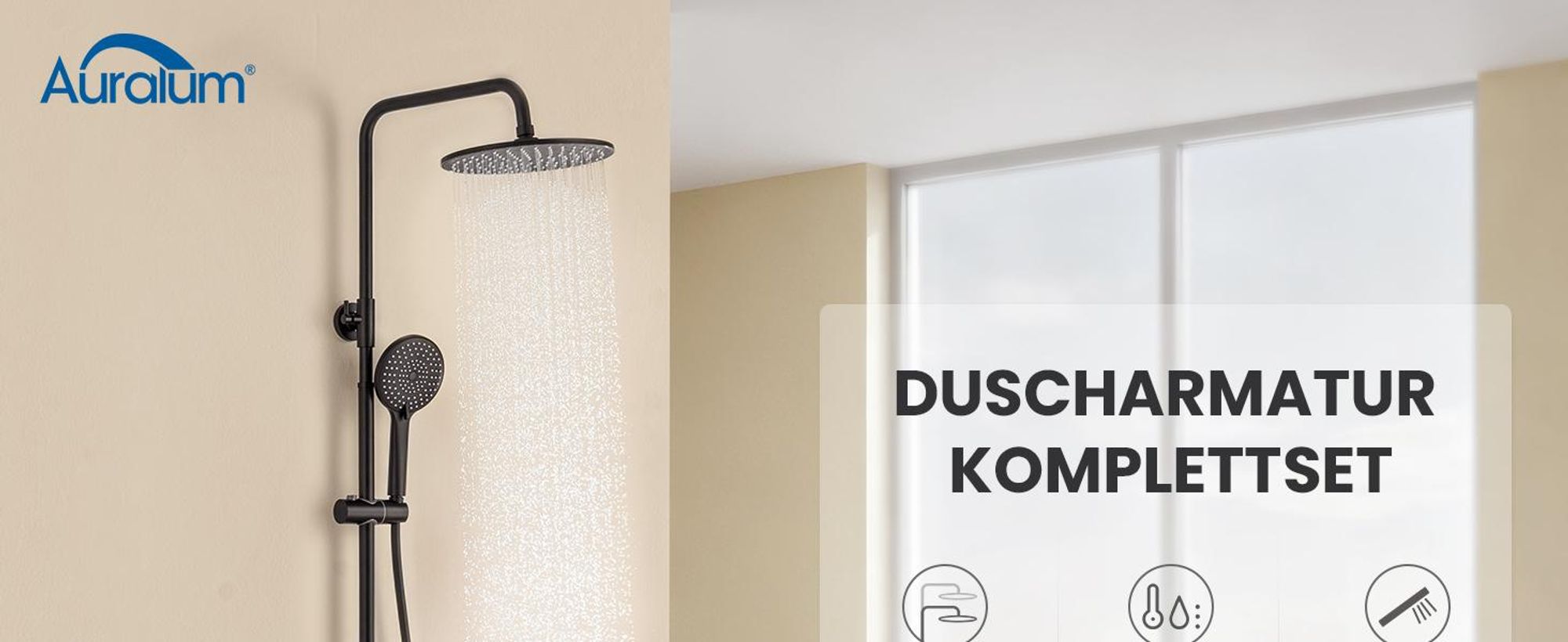 Auralum Regenduschkopf, 25 cm Durchmesser, dreistufige Handbrause, höhenverstellbar von 93–130 cm, wassersparend, Duschset aus Schwarz