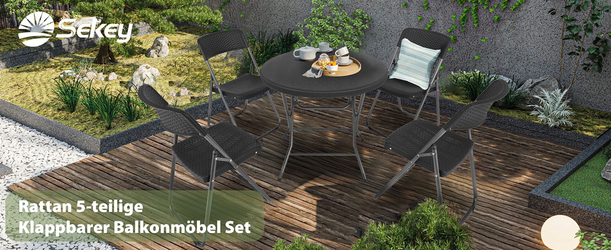 Sekey Balkonmöbel Set 5 Teilig Klappbar Gartentisch Set Balkonset Kleiner Balkon, 81cm