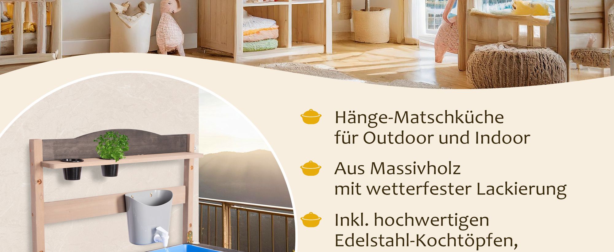 ONVAYA® Hänge-Matschküche ǀ Braun ǀ für Outdoor und Indoor ǀ wetterfest ǀ faltbar ǀ mit Edelstahl-Kochset ǀ Matschküche für den Garten