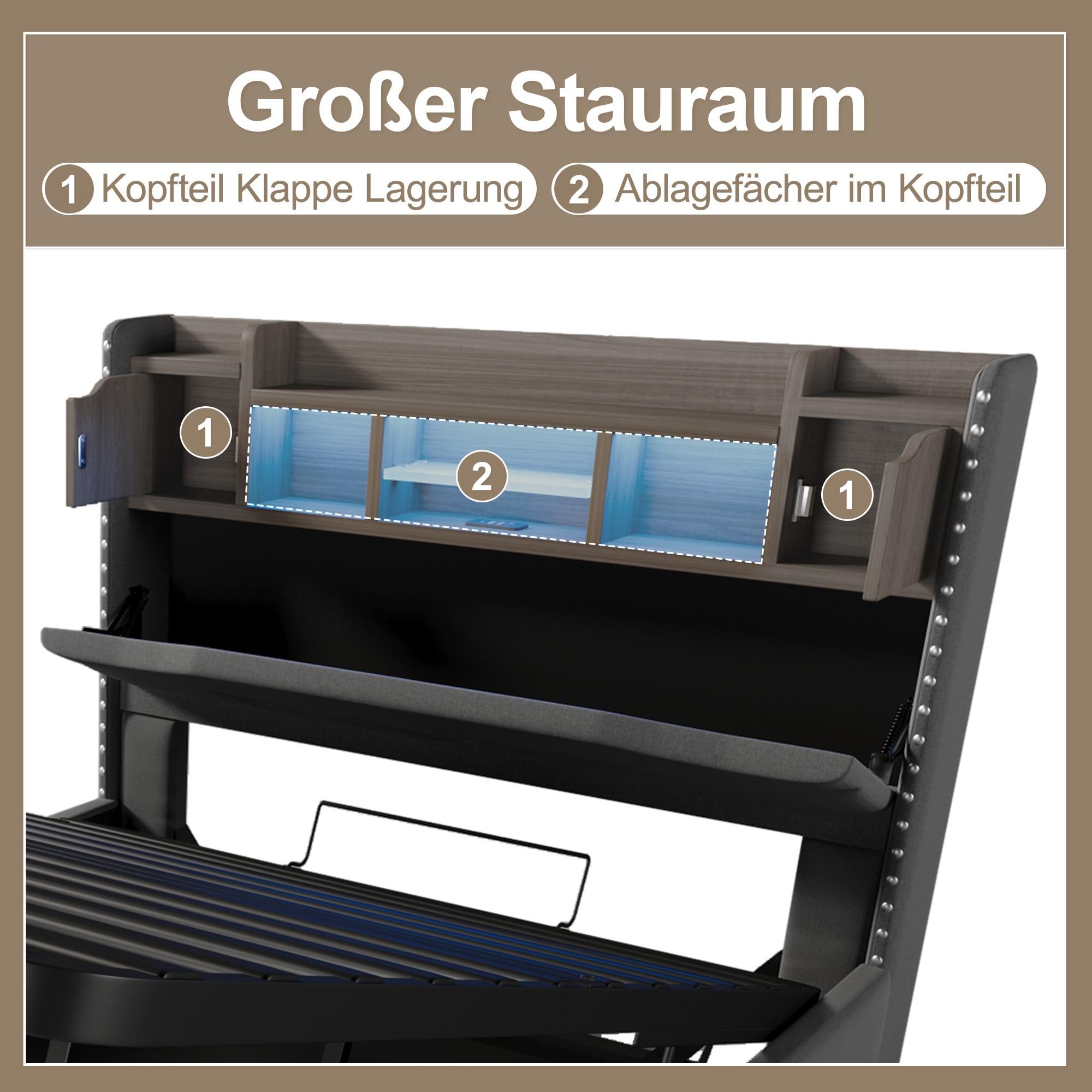 Merax Polsterbett 140x200 cm, hydraulischer Stauraum, LED-Lichtleiste mit App, Kopfteil mit Ablage & USB/Type-C, Leinen Flachbett, Grau