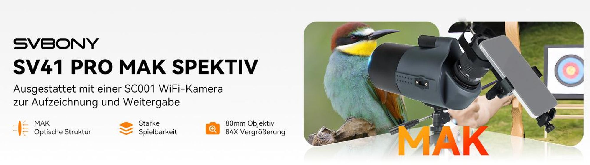 Svbony SV41Pro Mak Spektiv, 28-84X80 HD FMC Dual Speed Fokus, Kompatibel mit WLAN Kamera SC001 Digiscoping, mit Stativ für Stargazing Vogelbeobachtung