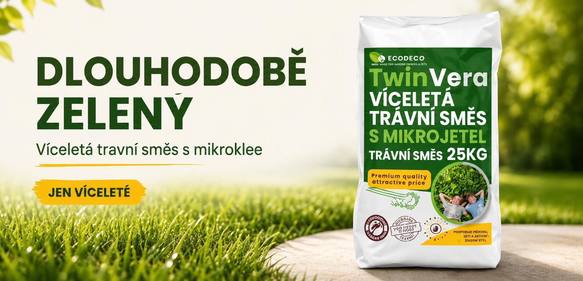EcoDeco univerzální travní směs s mikrojetelí, odolná proti sešlapání, 25 kg pro 1000 m²