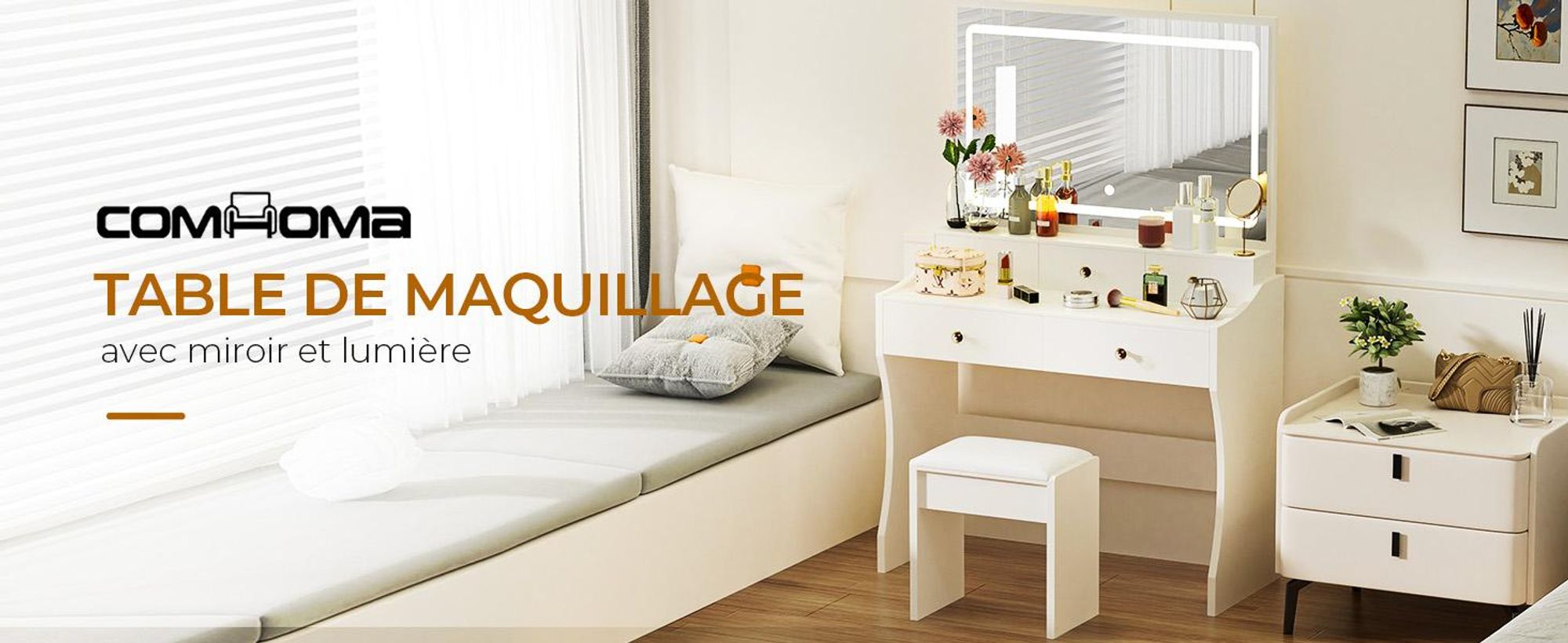 Coiffeuse avec miroir et LED, 5 tiroirs, 80 x 40 x 135 cm avec tabouret prises+lumière LED réglable, blanc