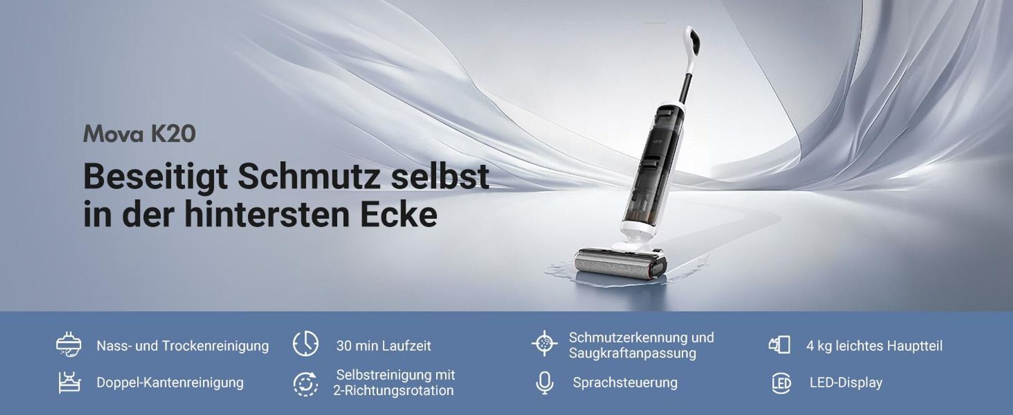 MOVA K20 Nass- und Trockensauger Kabellos, Akku Bodenreiniger mit Wischfunktion, Selbstreinigung, Dual-Edge Bürste, LED Display, 30 Min Laufzeit