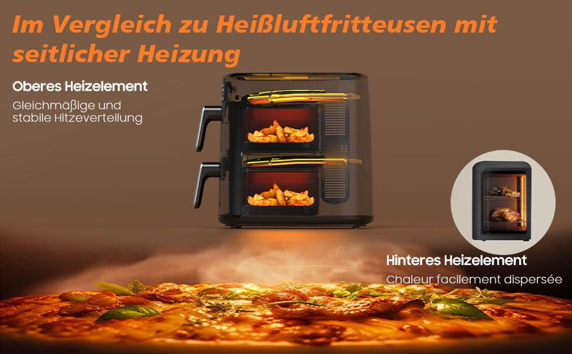 XXL Heißluftfritteuse 10 L Doppelkorb Airfryer 2700 W, Sync-Finish & Dual-Cook, 6 Programme, Digitaldisplay, Antihaft, spülmaschinengeeignet