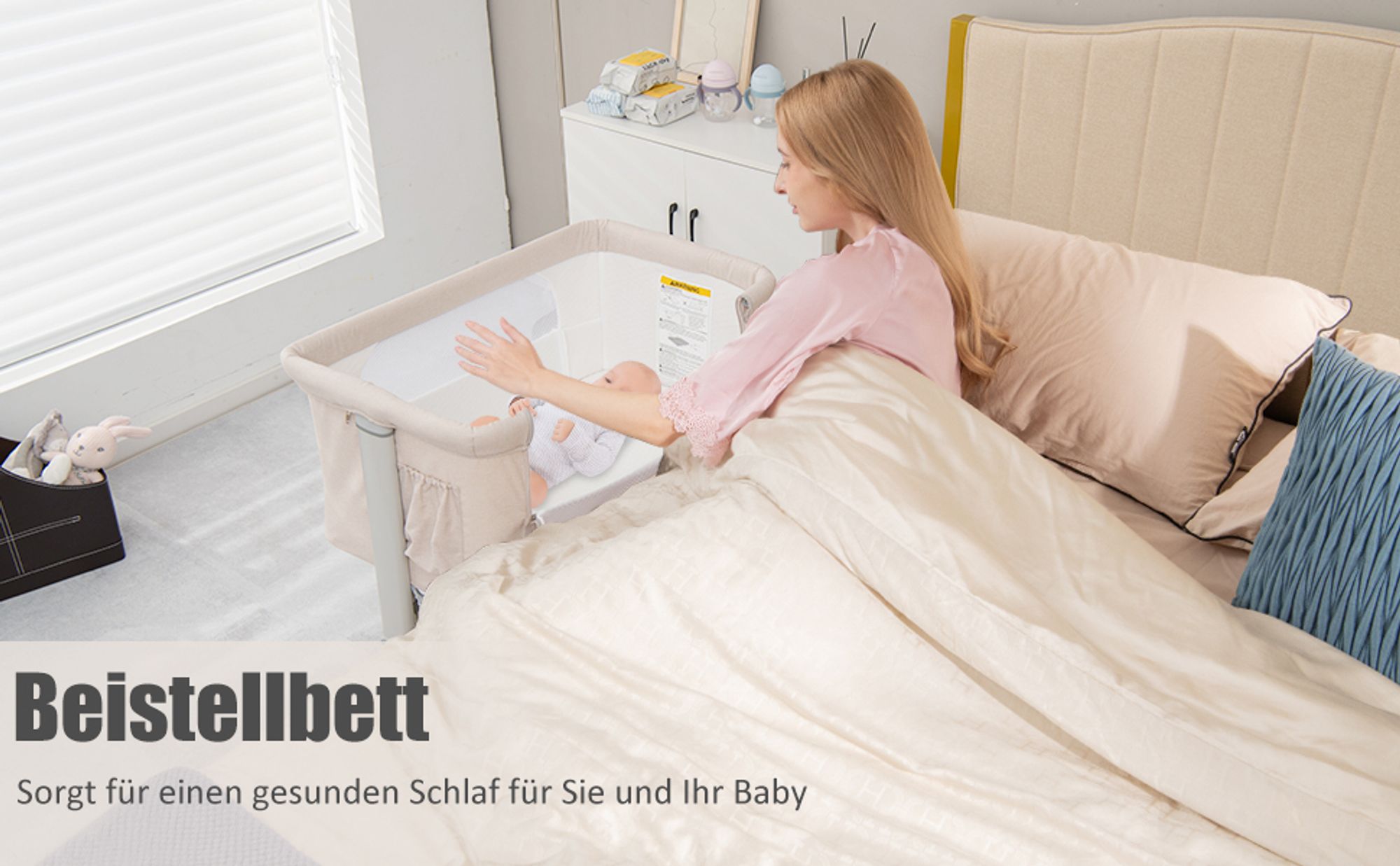 2 in 1 Beistellbett & Babywiege, 5-stufig Höhenverstellbar Babybett mit Matratze, Zustellbett Kinder ab Geburt bis 9 kg, 10° Neigung Reisebett Baby mit Rollen (Dunkelgrau)