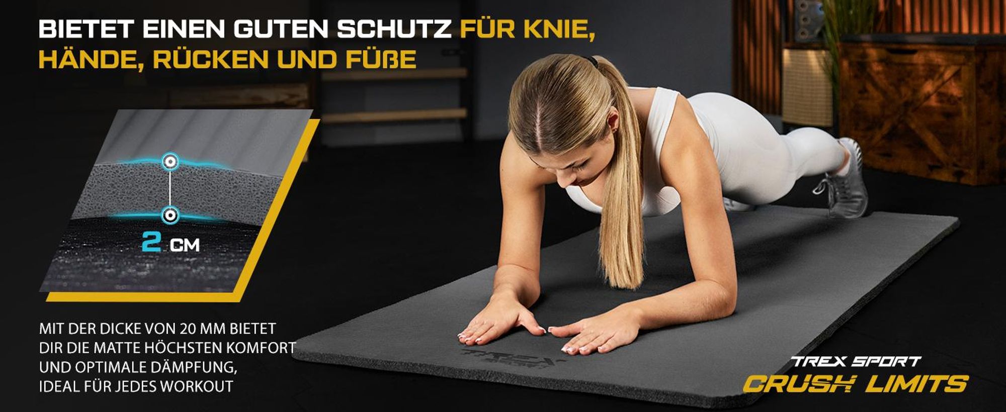 TREX SPORT Gymnastikmatte Fitnessmatte 2cm TX-029NGM | Yogamatte Pilates 190×80×2cm | Trainingsmatte rutschfest, wasserdicht | Sportmatte grau