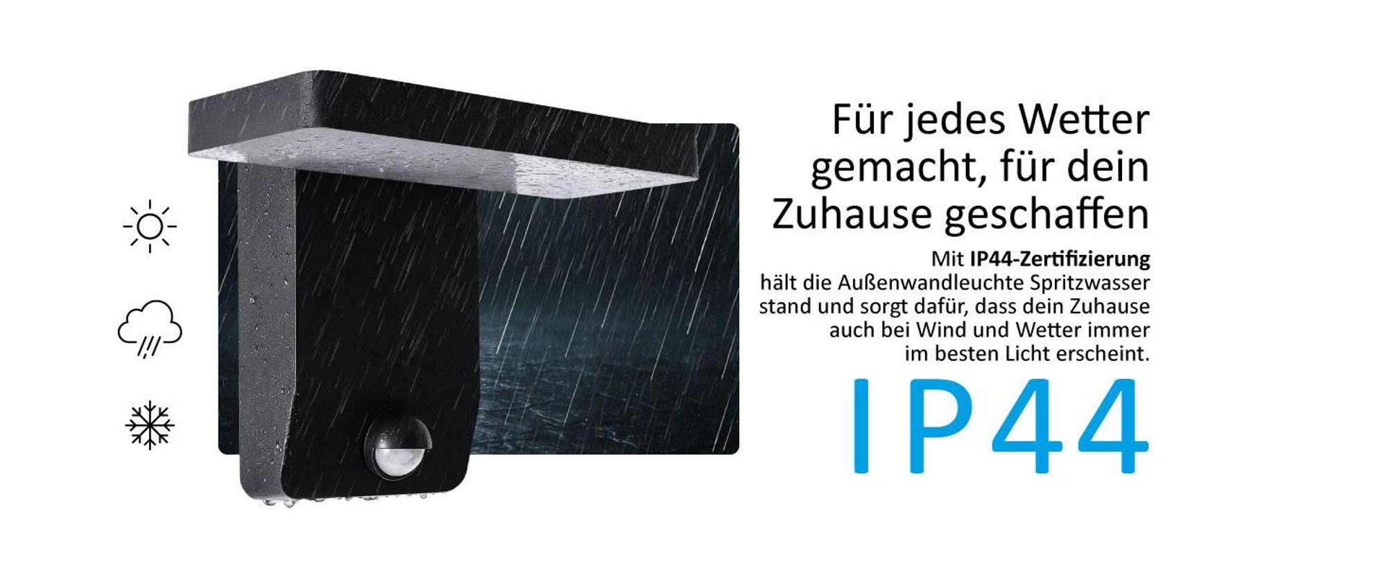 LED Außen-Wandleuchte 3015A1 Schwarz mit Bewegungsmelder, 9W, 900lm, IP44, warmweiß