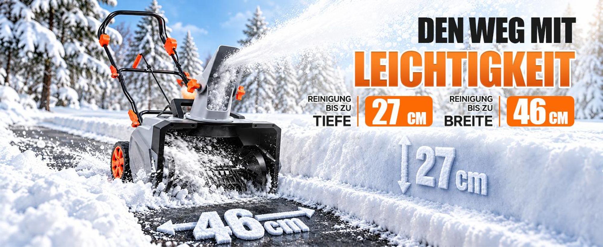 1400W Akku-Schneefräse mit 2 Akku | Brushless Motor 6500RPM | Schneeschaufel Schneeschieber 46cm Arbeitsbreite | 7m Wurfweite | 180° drehbarer