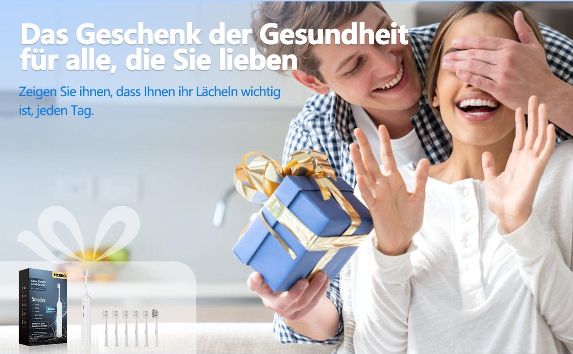 MCURO Elektrische Schallzahnbürste, wiederaufladbar, 10 Std. Ladezeit für bis zu 180 Tage Nutzung, 5 Putzmodi, Timer, 6 Bürstenköpfe, Weiß