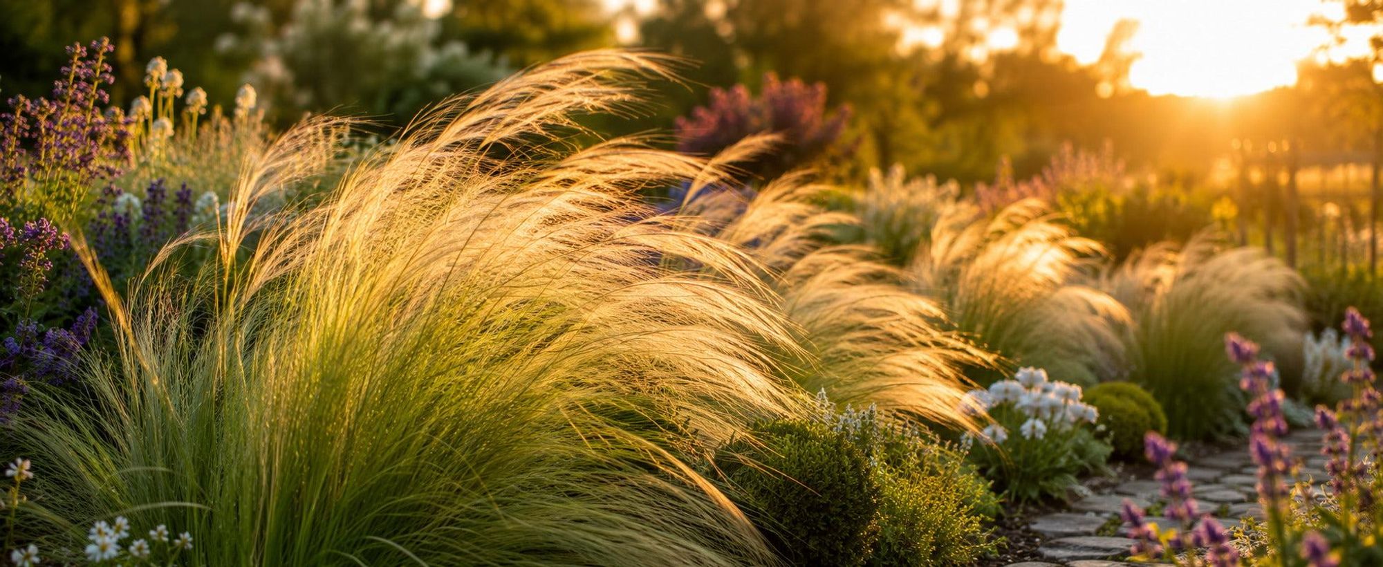 Federgras Pony Tails im Gegenlicht, seidige Halme wehen im Wind, goldene Stunde