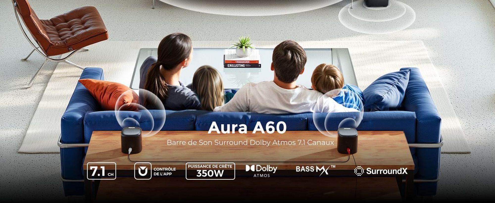Barre de son ULTIMEA 7.1 canaux Dolby Atmos avec caisson de basses pour téléviseur, système de son surround pour home cinéma,via application, 4 enceintes surround