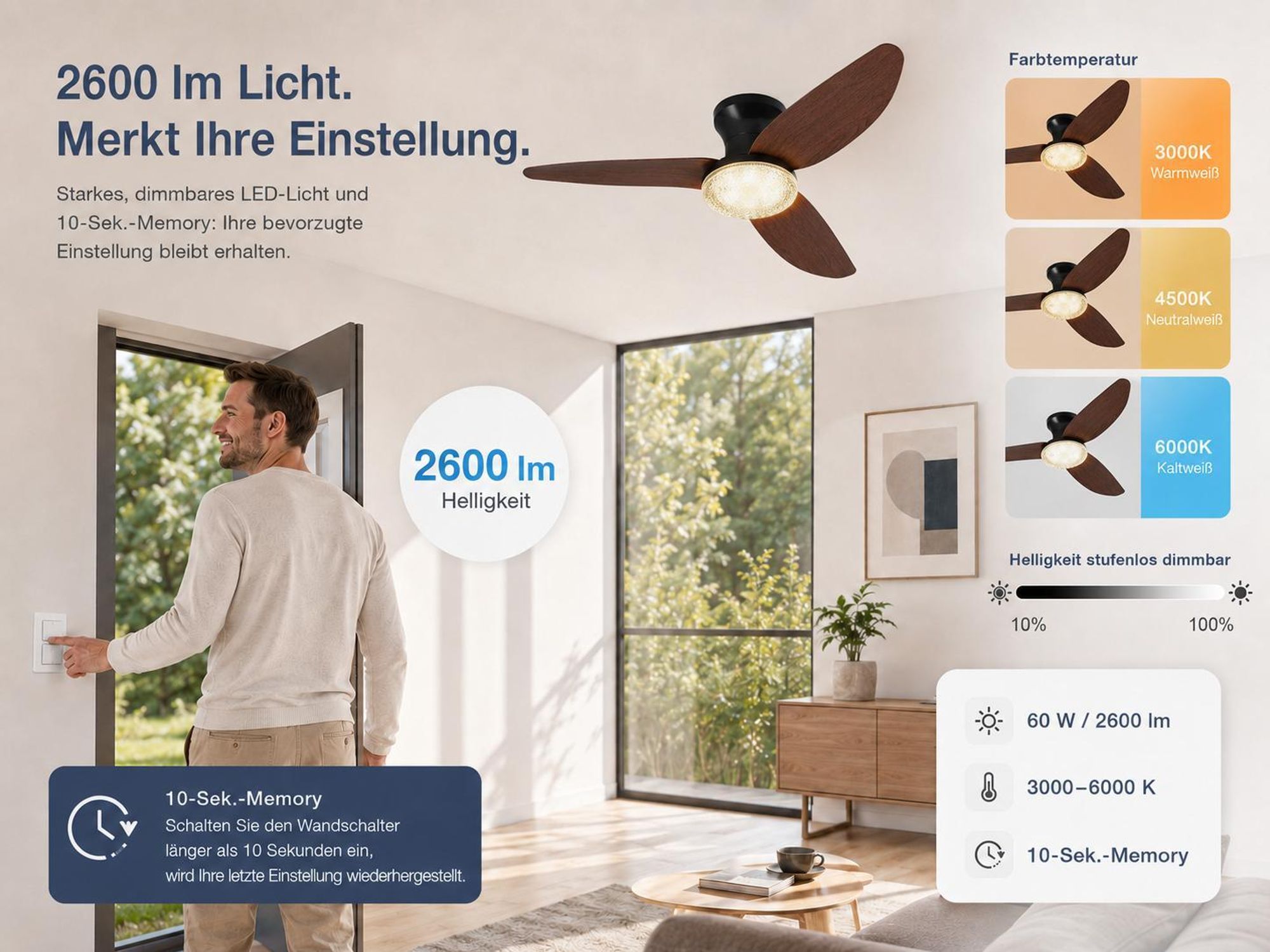 Deckenventilator mit Beleuchtung leise, Ø100cm DC Motor 6 Stufen, Smart APP & Fernbedienung, Dimmbar 3 Farben Umkehrbare Windrichtung Wohnzimmer Büro