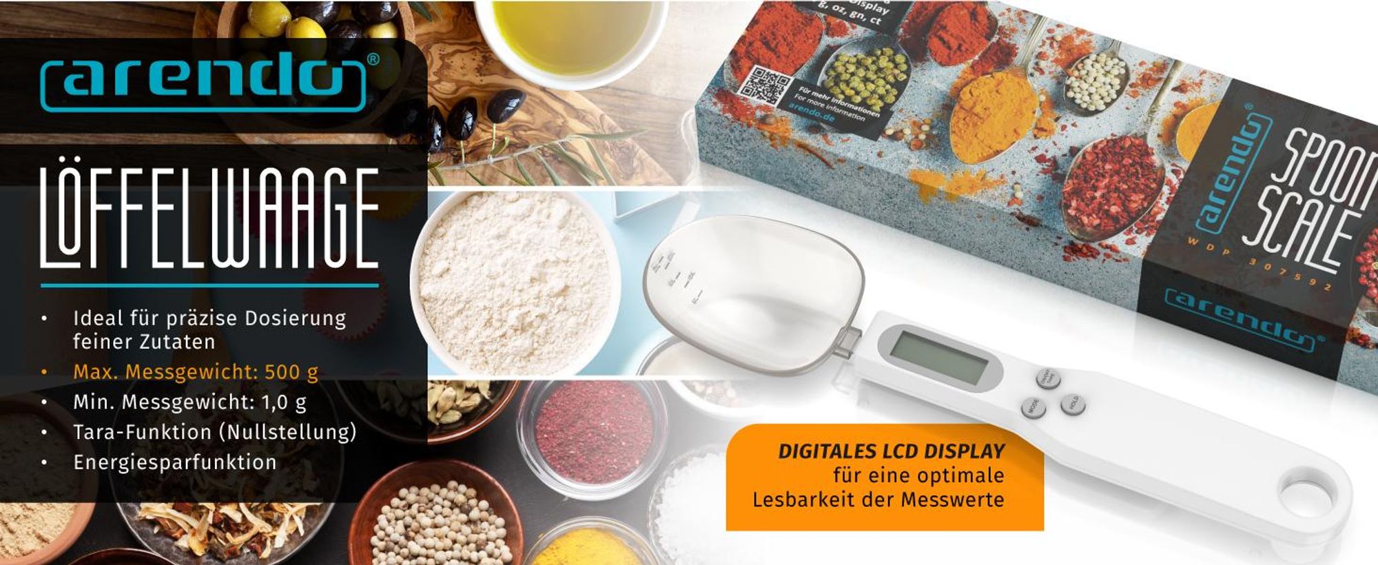 Arendo Löffelwaage digital weiß, Feinwaage 1 bis 500 g mit Tara und LCD-Display