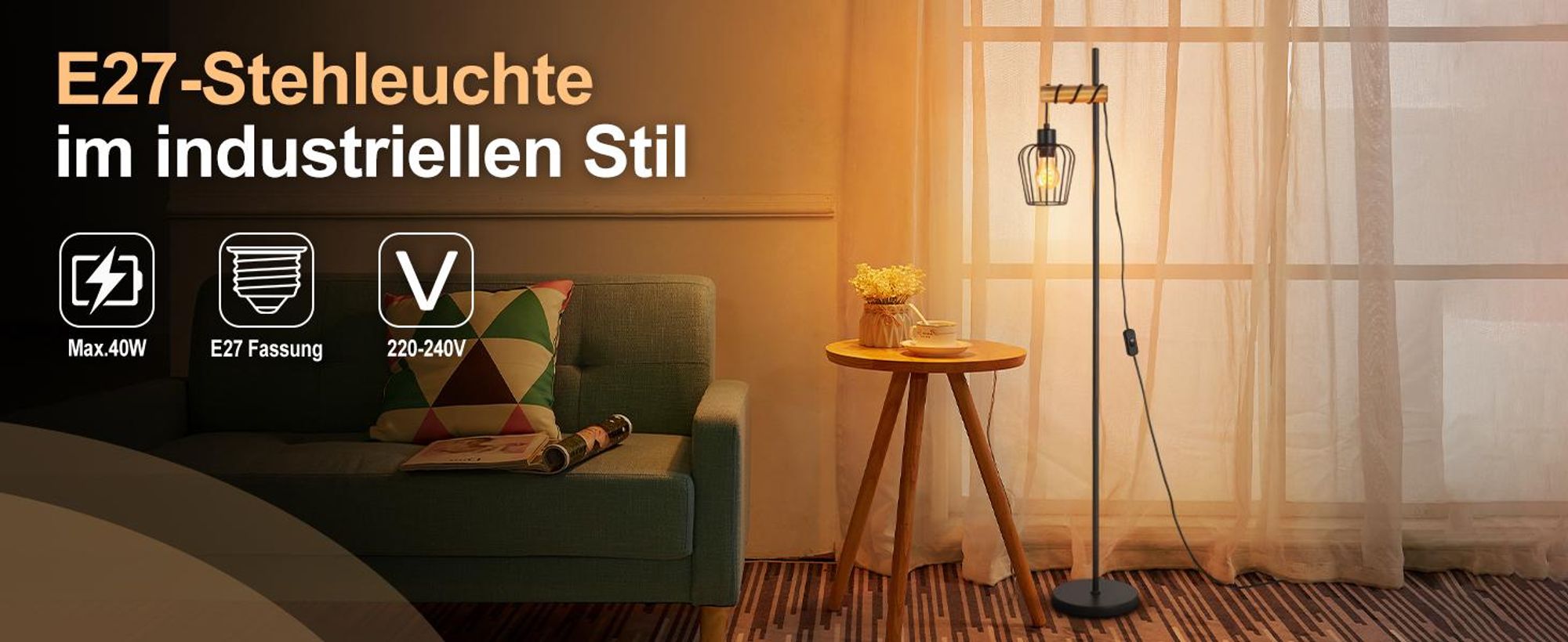 ZMH stojací lampa dřevo černá stojací lampa obývací pokoj vintage stojací lampa průmyslová kovová zásuvka E27 152cm retro stojací lampa