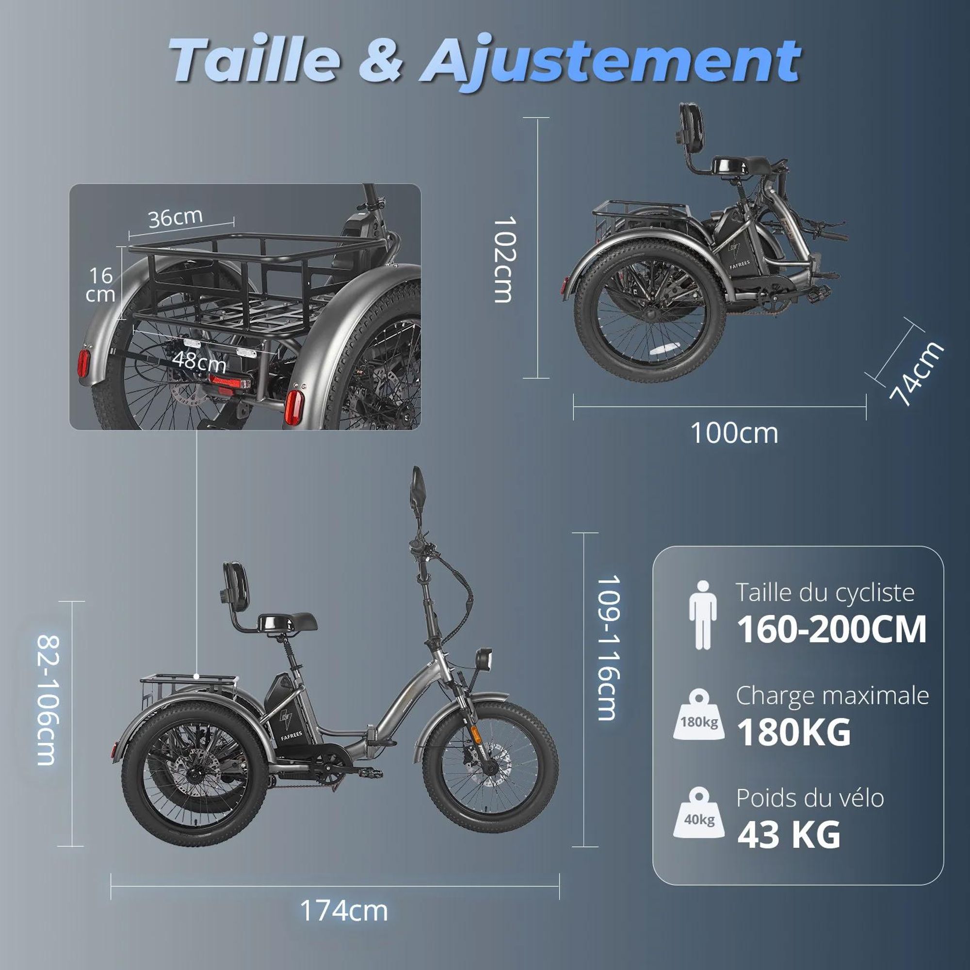 FAFREES F20 Mate Triporteur Électrique - Batterie 48V23.45AH Siège Dossier Freins Hydrauliques - Gris bleu