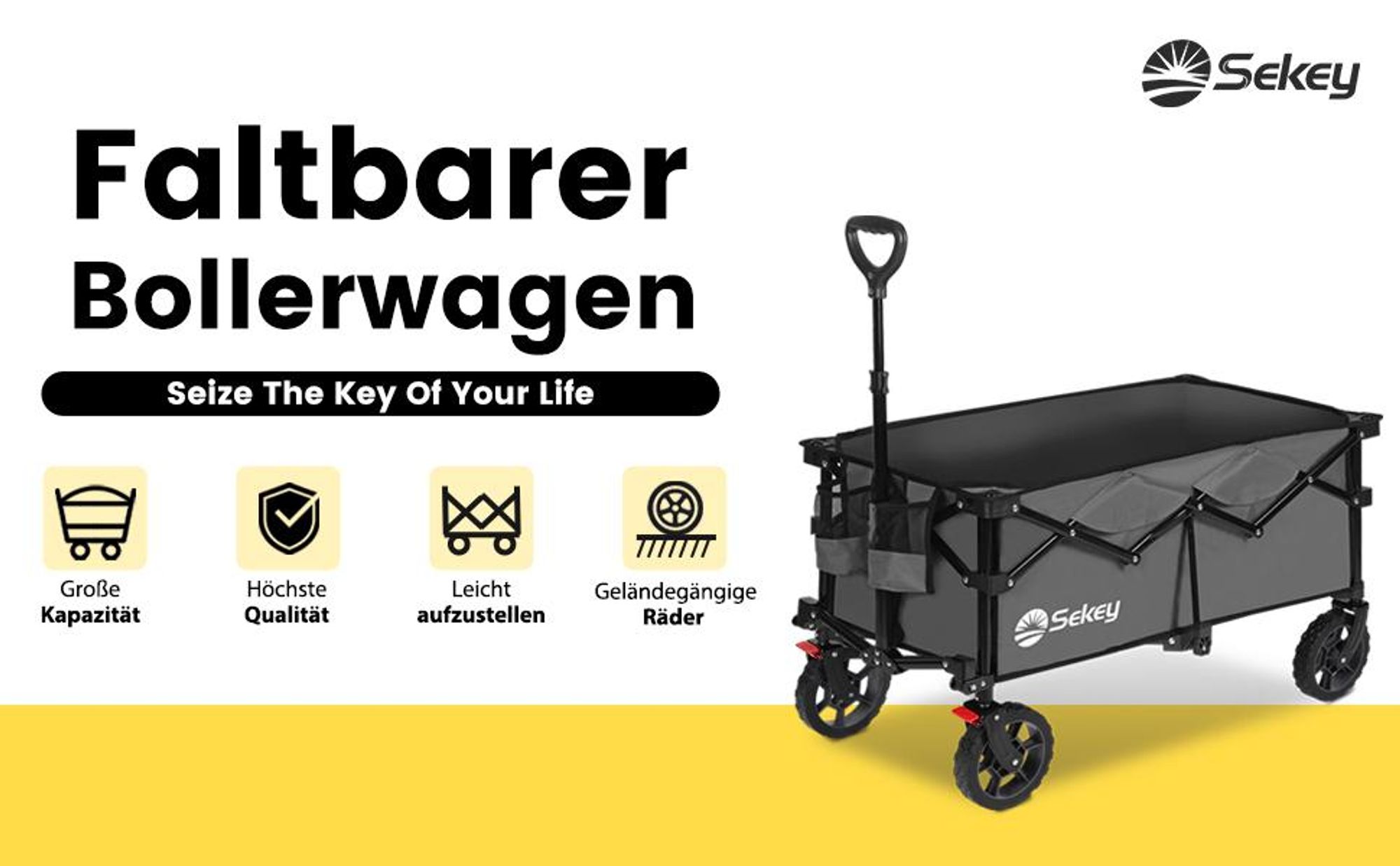 Sekey Bollerwagen faltbar 150 kg mit Bremsen, klappbarer Handwagen für Garten und Ausflug, Anthrazit
