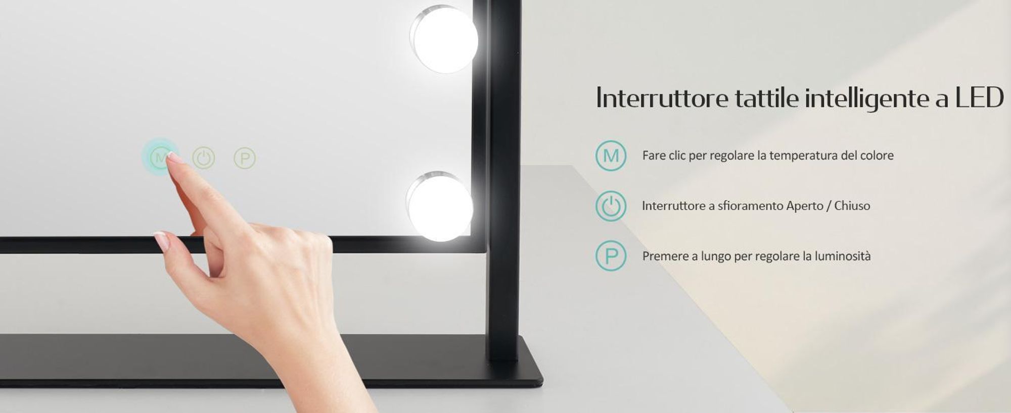 EMKE Hollywood specchio per il trucco 85x364x475mm con specchio d'ingrandimento 7x, nero Specchio per il trucco con touchscreen intelligente e 3 colori di luce, 12 luci LED dimmer, ruotabile a 360° e funzione memoria