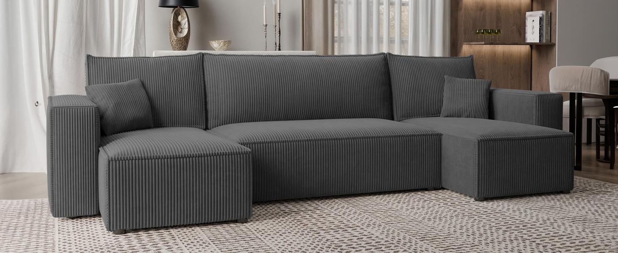 Idohome Ecksofa-Wohnzimmer Sofa mit Schlaffunktion und Bettkasten, Eckcouch,Polstermöbel, Sofa, Couch modern in Farbe Dunkelgrau Poso 34 Paris U Form