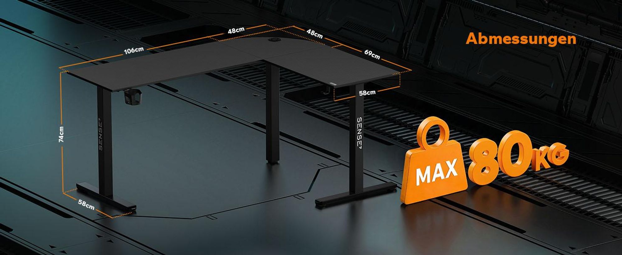 Sense7 RONG Gaming Eckschreibtisch L-Form 154x117 cm - Schwarz Computertisch Carbon Optik PC Gamer Tisch flexibel montierbar Home Office